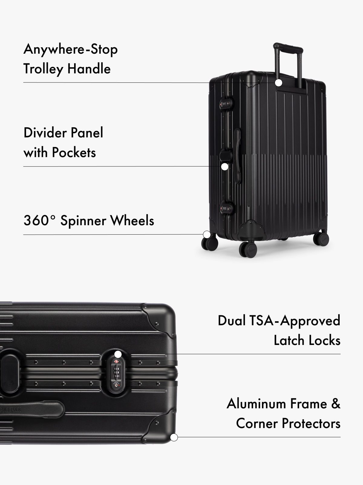 CALPAKL Vault Black ribbed aluminum suitcase shown on a light gray background with callout text highlighting features such as an anywhere-stop trolley handle, divider panel with pockets, 360° spinner wheels, dual TSA-approved latch locks, and aluminum frame and corner protectors; LVT1028-ONYX