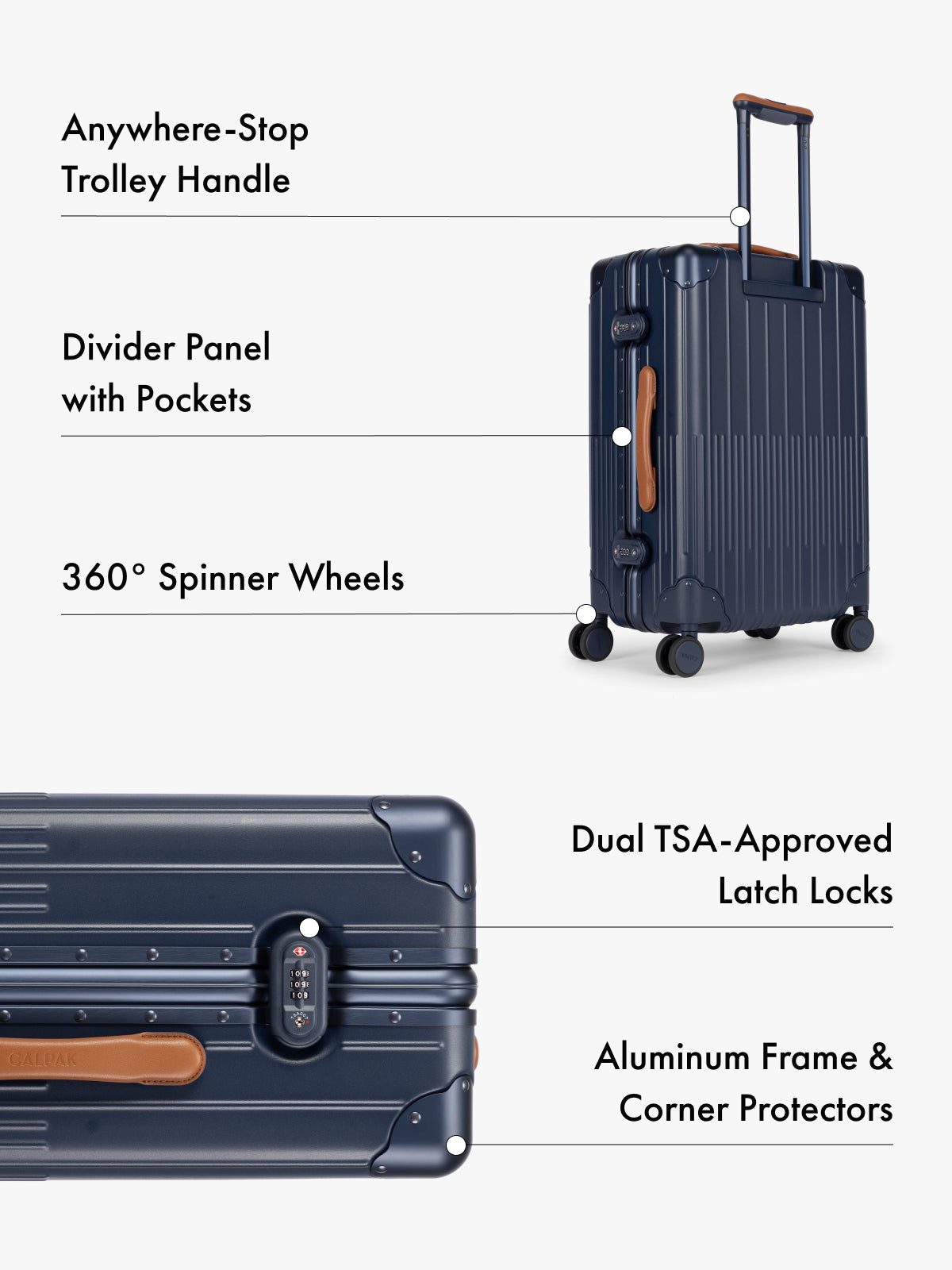 CALPAK Vault navy blue hard-shell suitcase shown on a light gray background with callout lines and text highlighting features such as an anywhere-stop trolley handle, divider panel with pockets, 360° spinner wheels, dual TSA-approved latch locks, aluminum frame, and corner protectors; LVT1024-NAVY