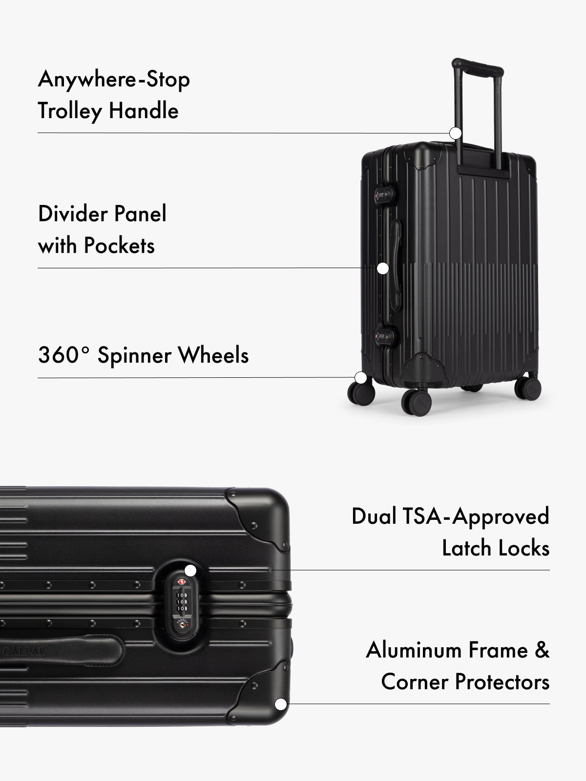 CALPAK Vault black hard-shell suitcase shown on a light gray background with callout lines and text highlighting features such as an anywhere-stop trolley handle, divider panel with pockets, 360° spinner wheels, dual TSA-approved latch locks, aluminum frame, and corner protectors; LVT1024-ONYX