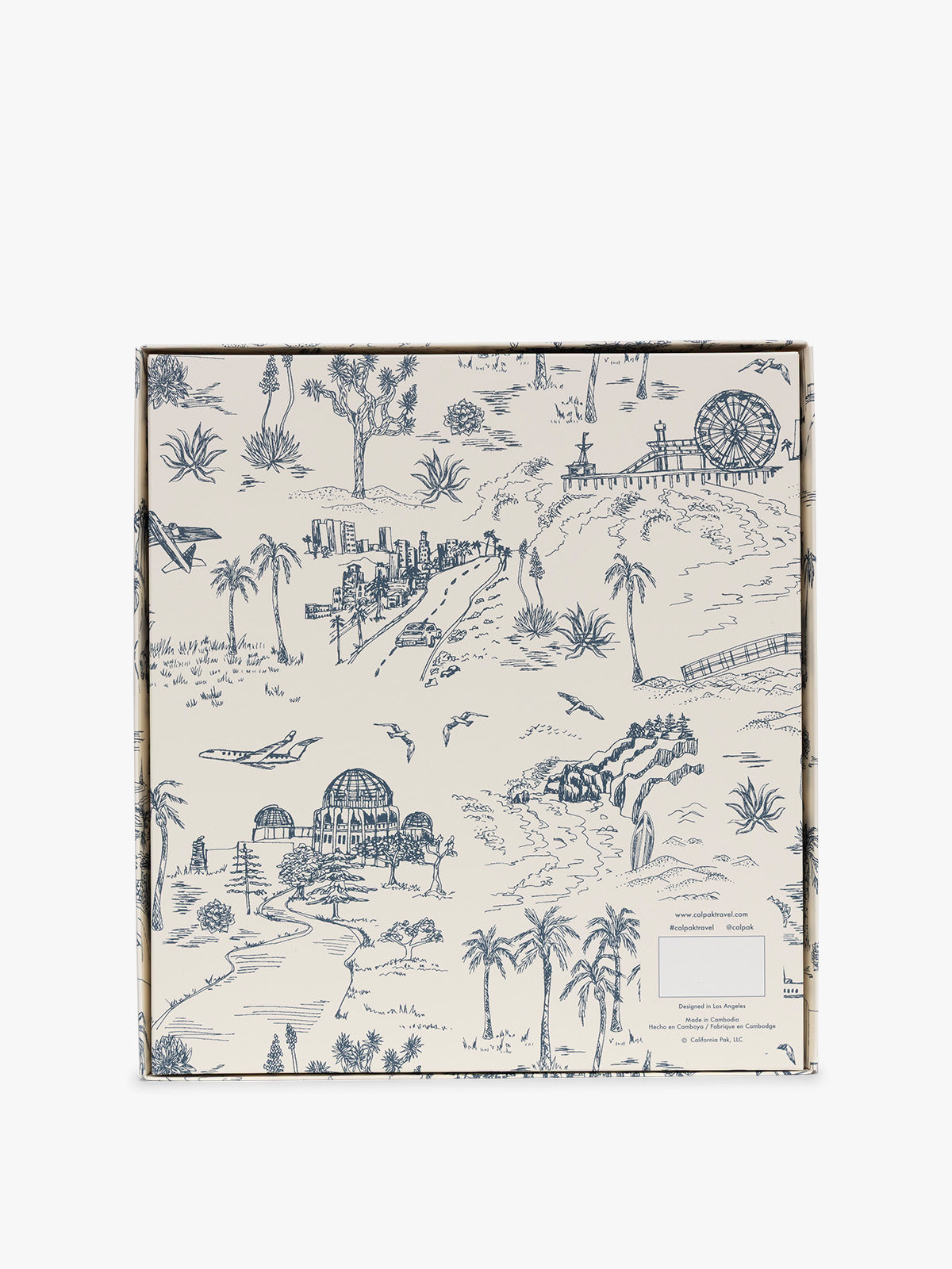 The back side of the gift box, featuring a detailed blue and white toile de Jouy pattern with illustrations of palm trees, domes, a ferris wheel, and small buildings on an off-white background; PWTS2601-BLACK