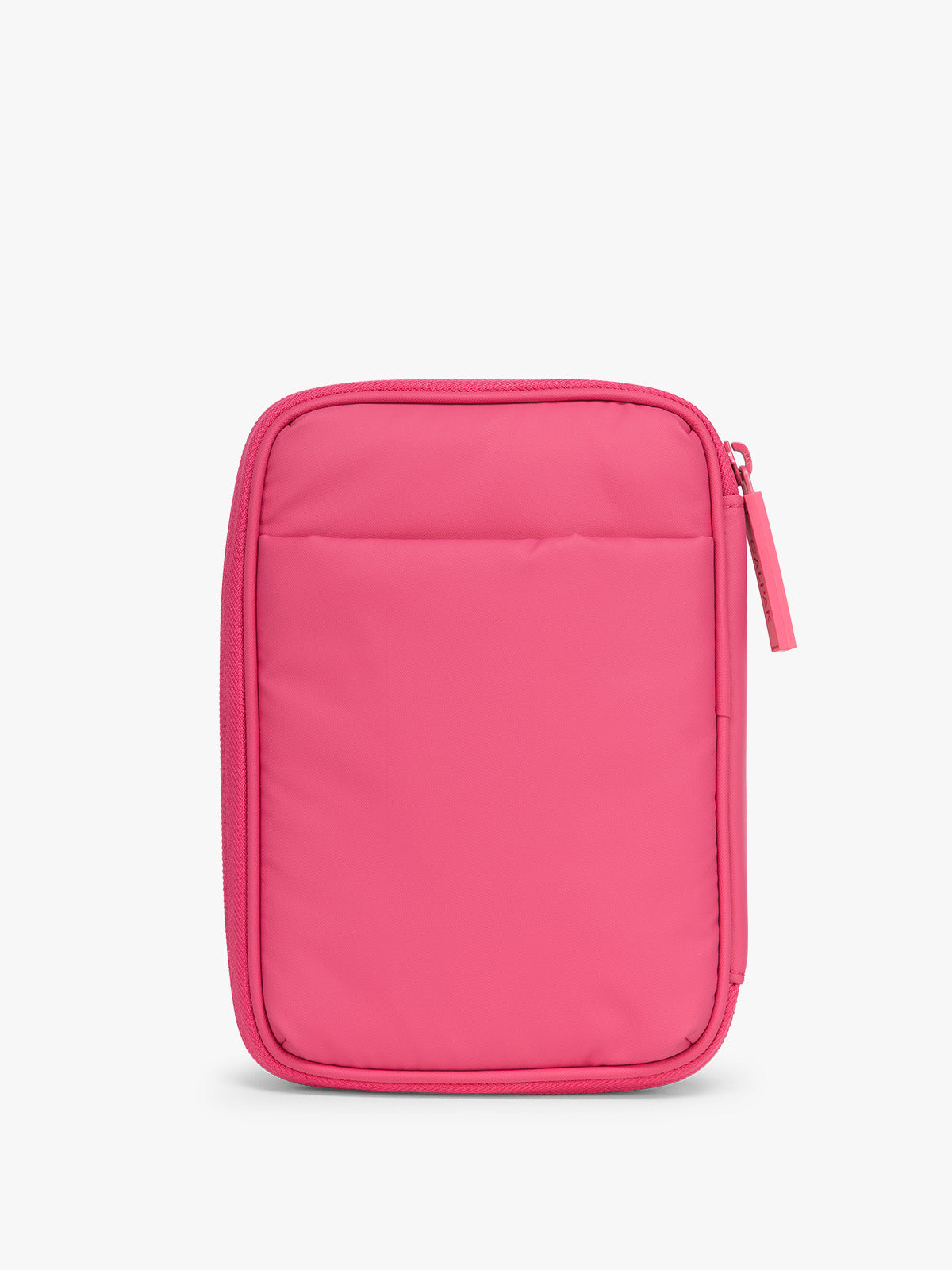 Back side with pocket of CALPAK Luka Zip Passport Wallet in bright pink Dragonfruit on a white background; PZW2301-DRAGONFRUIT