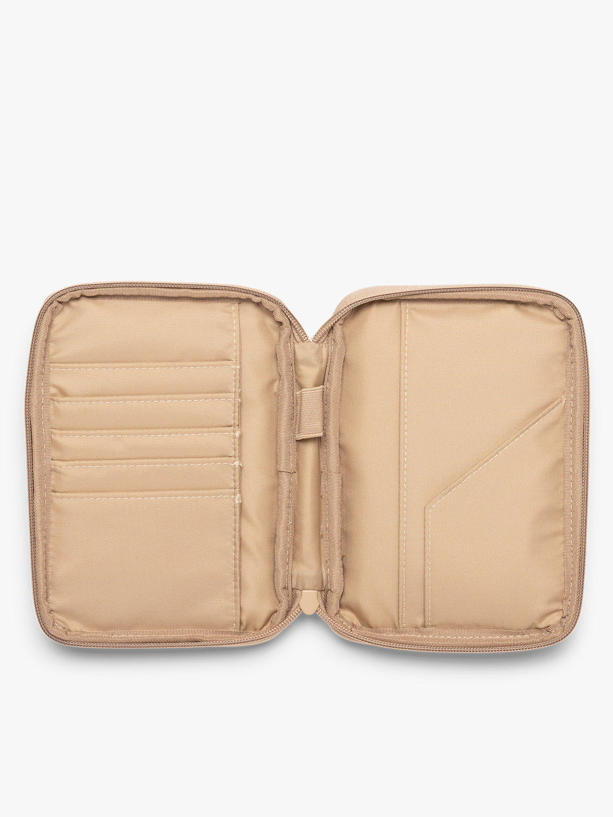 Opened interior of CALPAK Luka Zip Passport Wallet in beige Latte on a white background; PZW2301-LATTE