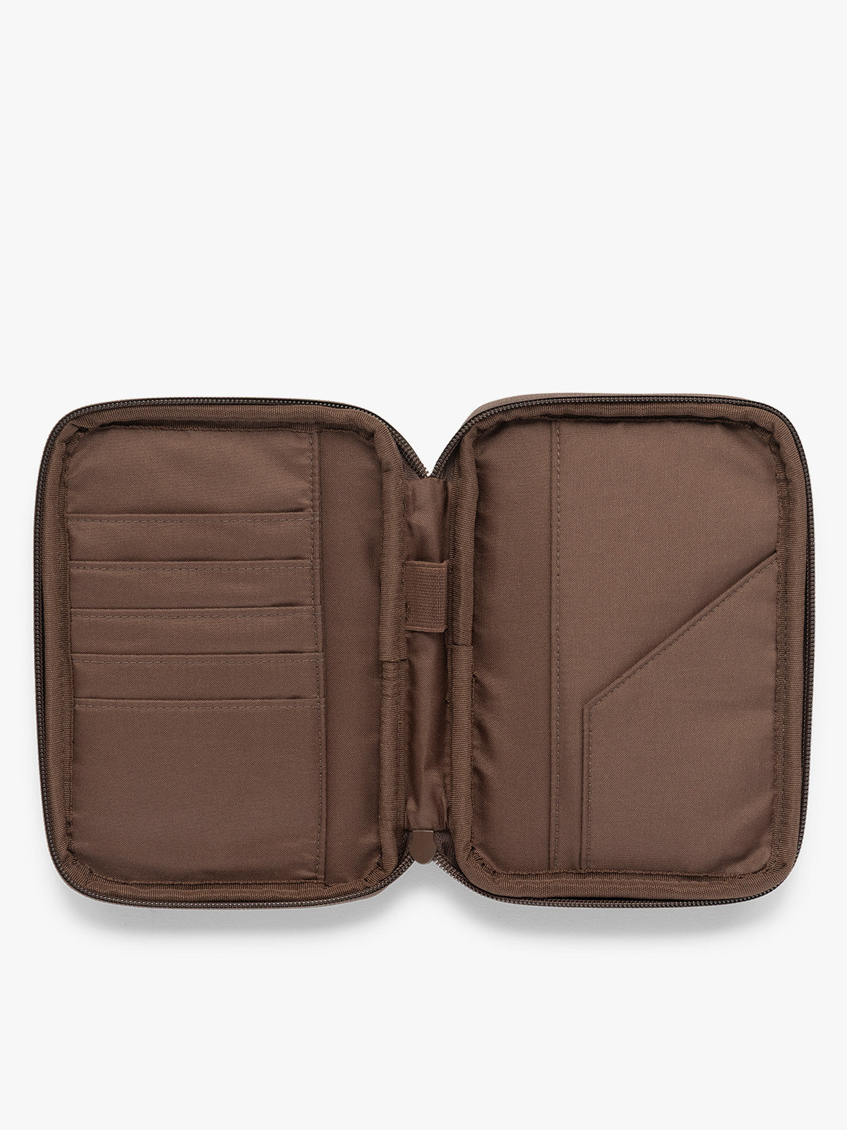 CALPAK Luka Zippered Passport Wallet in brown monochrome Walnut open interior view; PZW2301-WALNUT