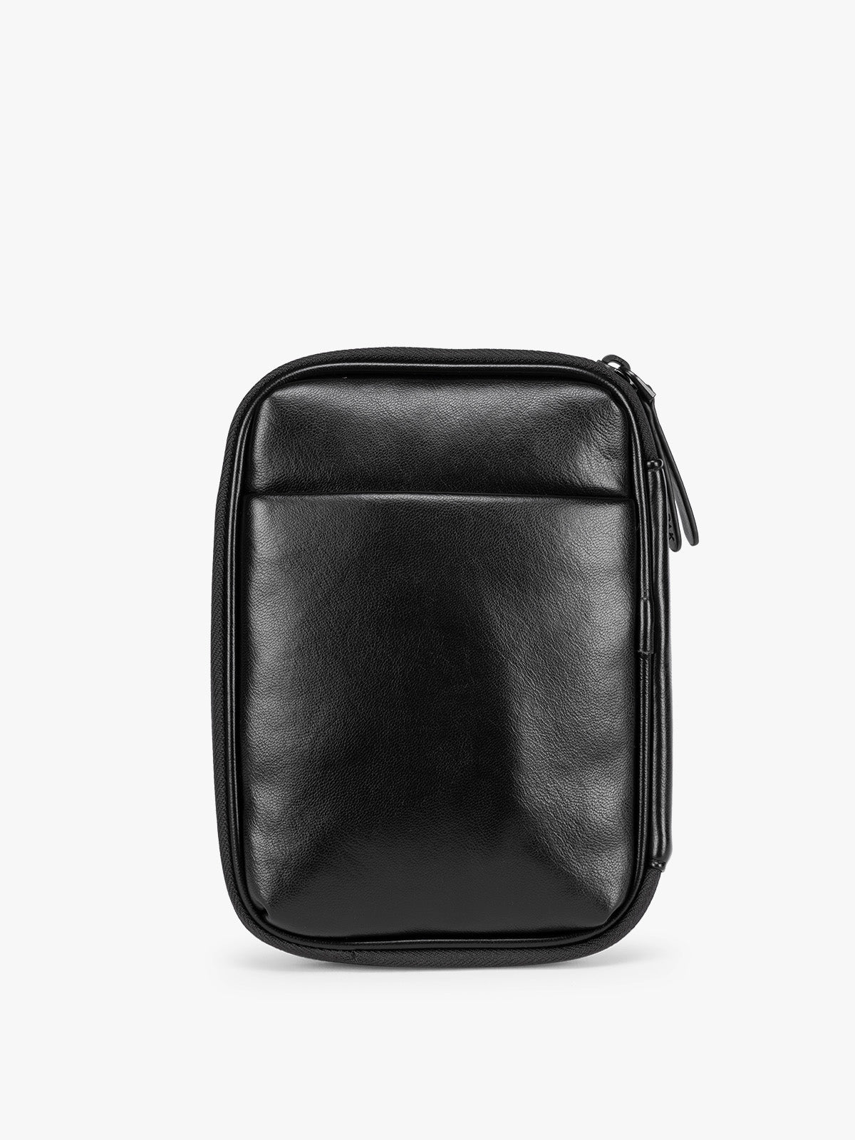 Backside of a  Black CALPAK Luka Zip Passport Wallet in vegan leather with a zippered top and a front pocket, shown on a plain white background; PZW2301-BLACK-PU
