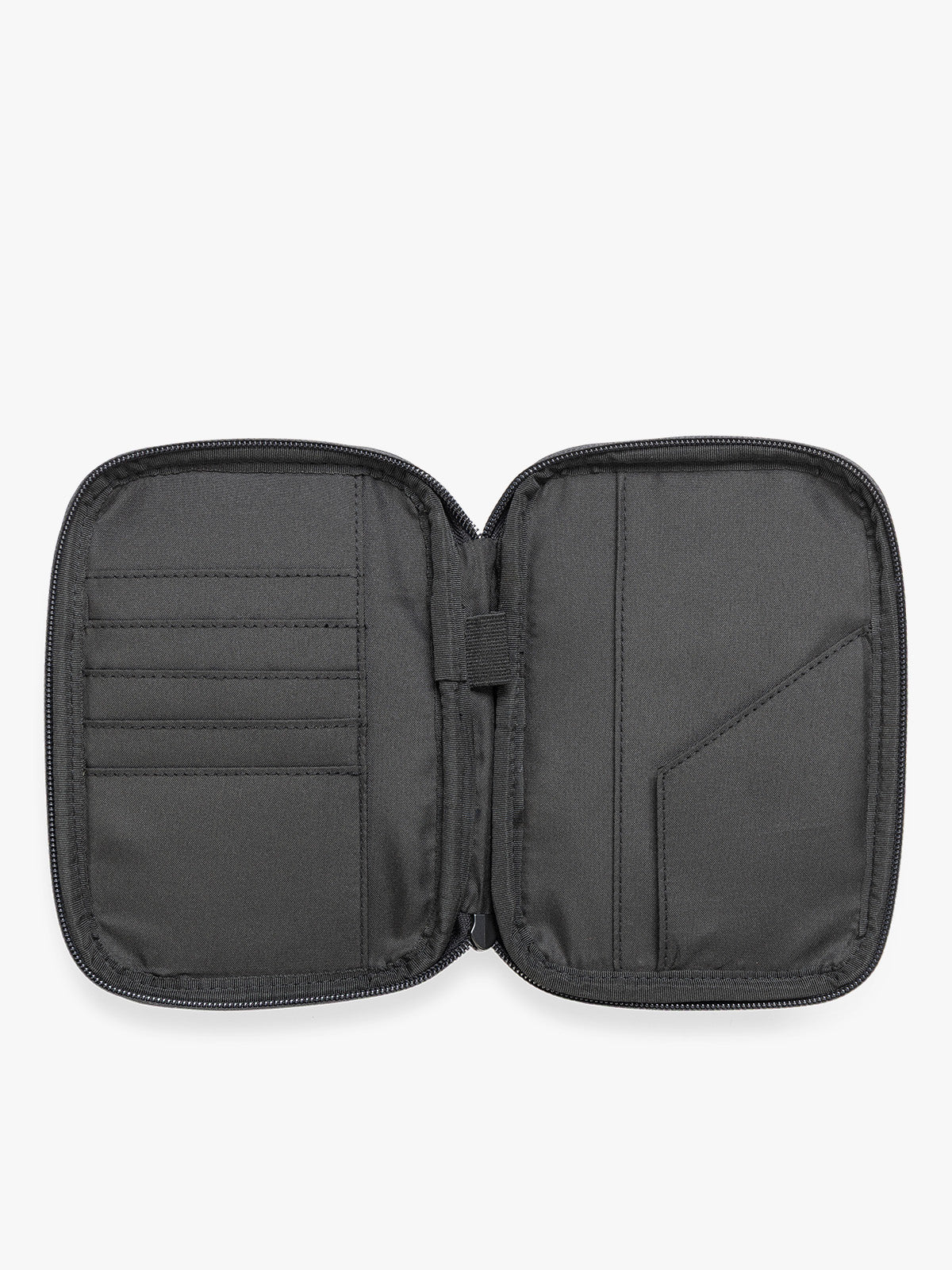 Opened view of a Black CALPAK Luka Zip Passport Wallet in vegan leather with a zippered top and a front pocket, shown on a plain white background; PZW2301-BLACK-PU
