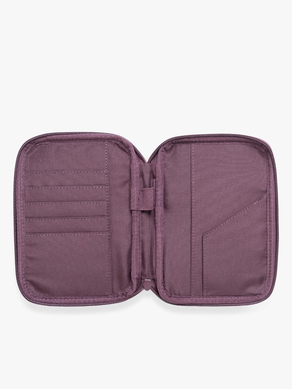 Opened view of a deep burgundy Dark Cherry CALPAK Luka Zip Passport Wallet in vegan leather with a zippered top and a front pocket, shown on a plain white background; PZW2301-DARK-CHERRY-PU