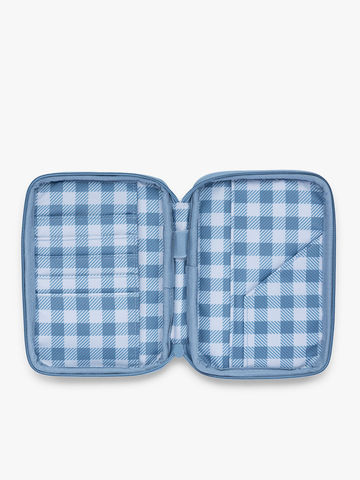 Opened view of the CALPAK Luka Zippered Passport Wallet in light blue French Blue with white and blue gingham interior; PZW2301-FRENCH-BLUE-GINGHAM