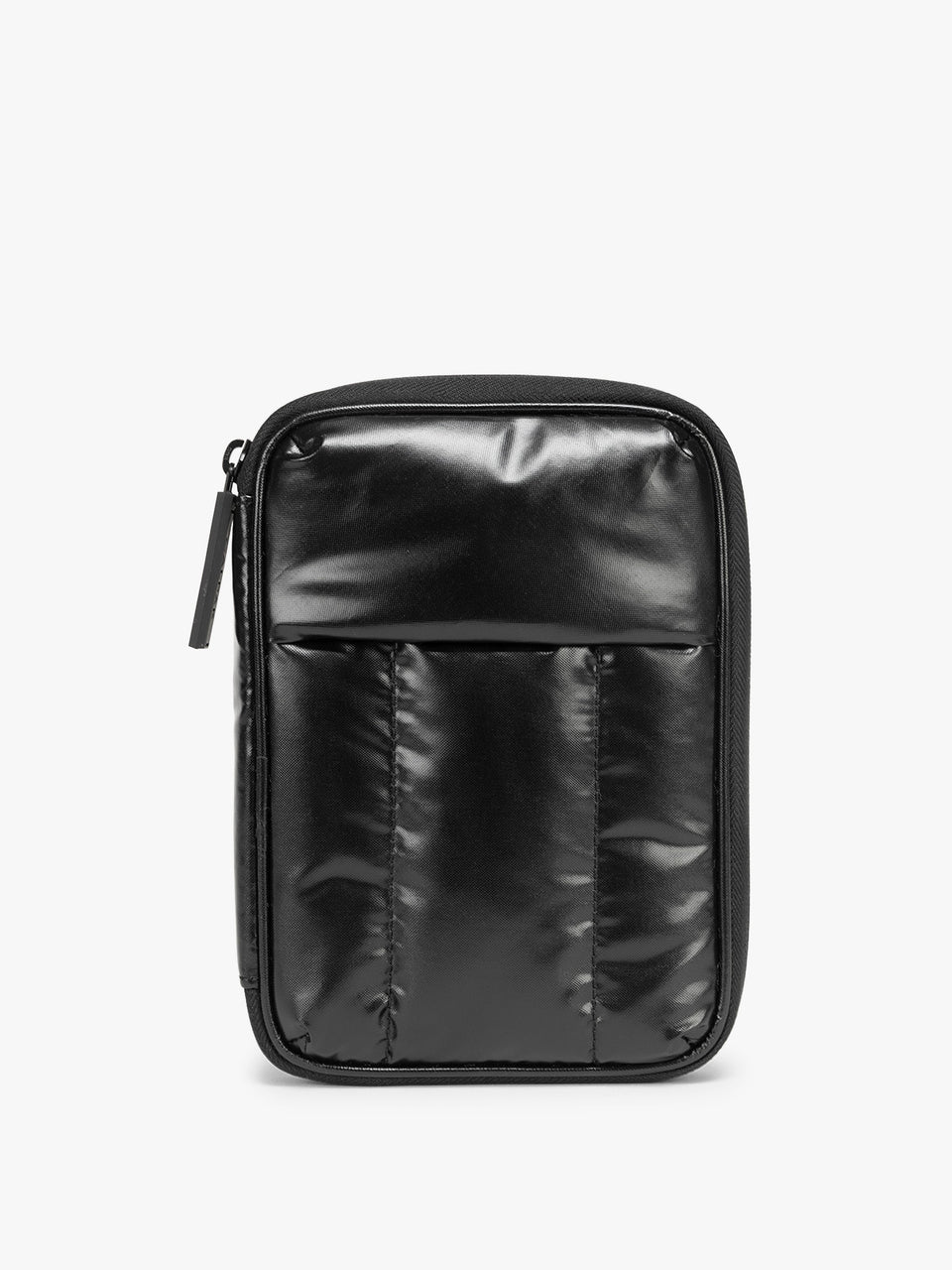 Front view of CALPAK Luka Zippered Passport Wallet in Glazed Black; PZW2301-GLAZED-BLACK