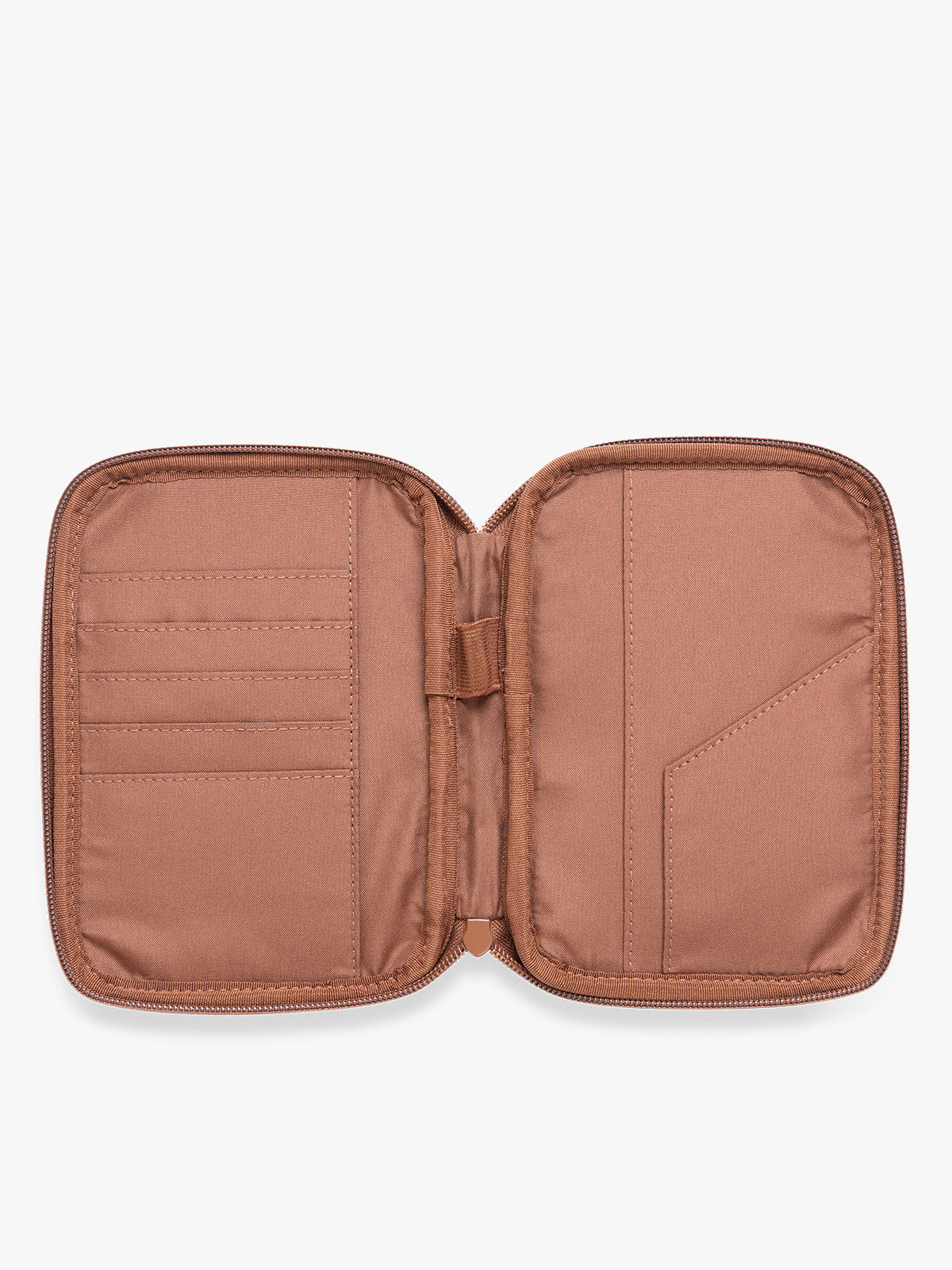 Opened view of a light Honey Brown CALPAK Luka Zip Passport Wallet in vegan leather with a zippered top and a front pocket, shown on a plain white background; PZW2301-HONEY-BROWN-PU