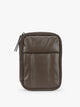 A dark brown Mushroom CALPAK Luka Zip Passport Wallet in vegan leather with a zippered top and a front pocket, shown on a plain white background; PZW2301-MUSHROOM-PU