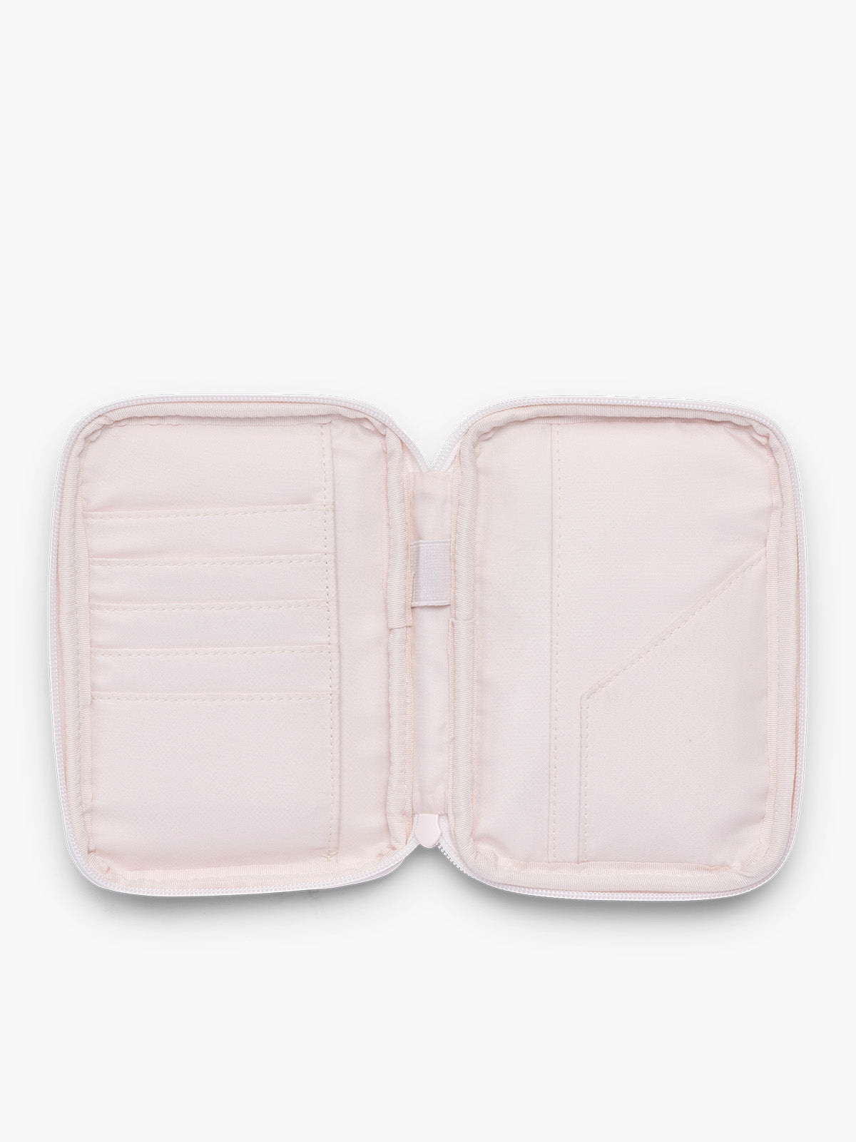Opened CALPAK Luka Zip Passport Wallet in light pink shiny Pearlescent; PZW2301-PEARLESCENT