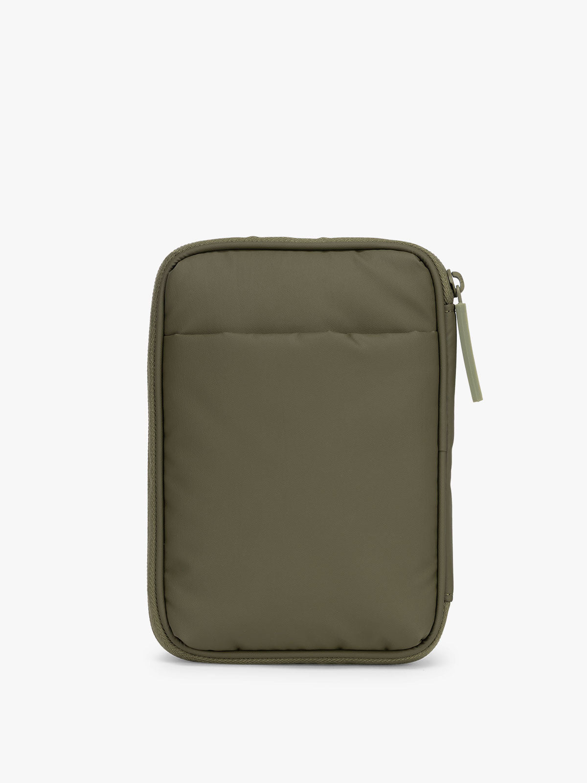 CALPAK Luka Zippered Passport Wallet in dark green Pine back view with zipper; PZW2301-PINE