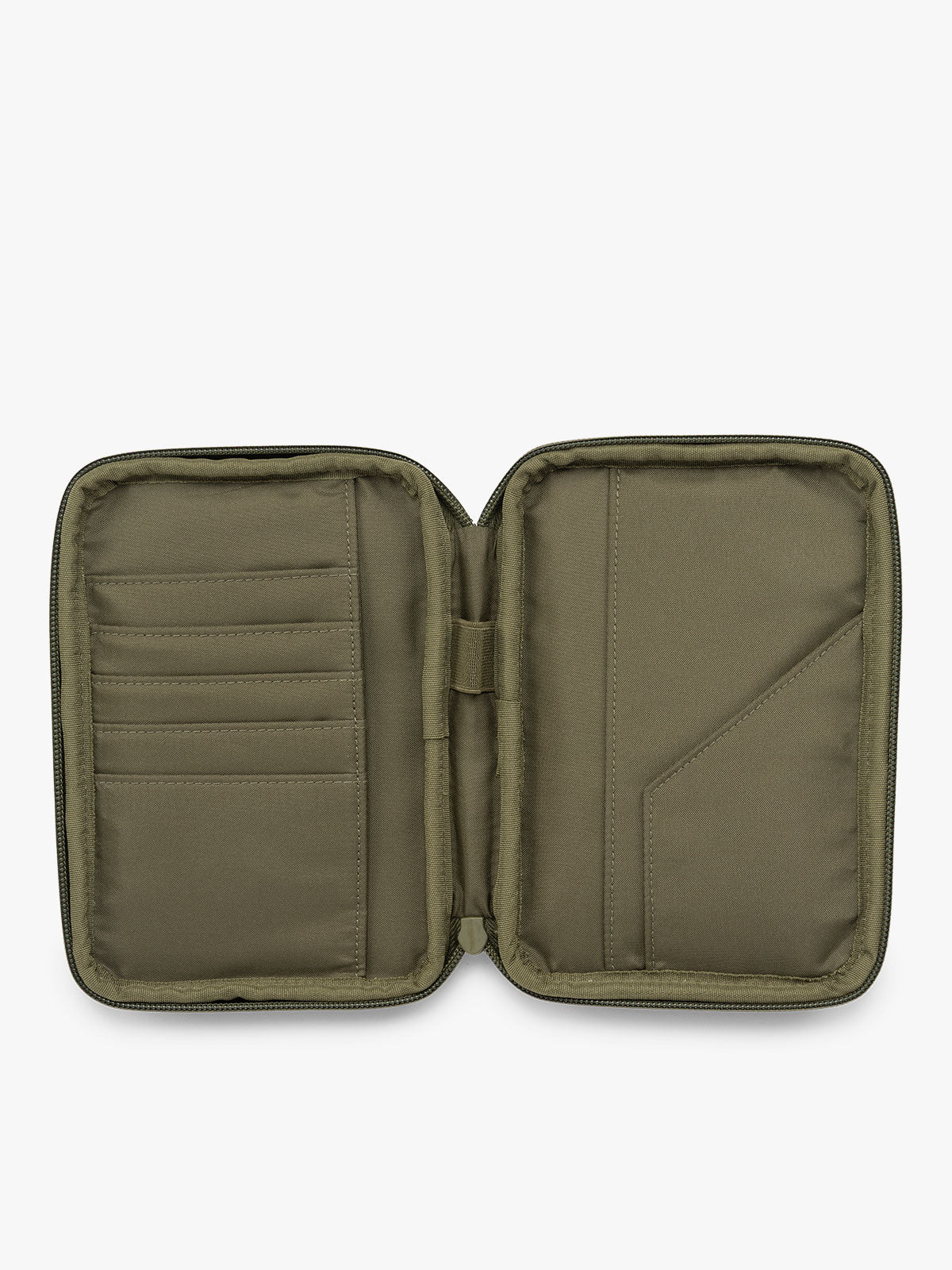CALPAK Luka Zippered Passport Wallet in dark green Pine opened; PZW2301-PINE