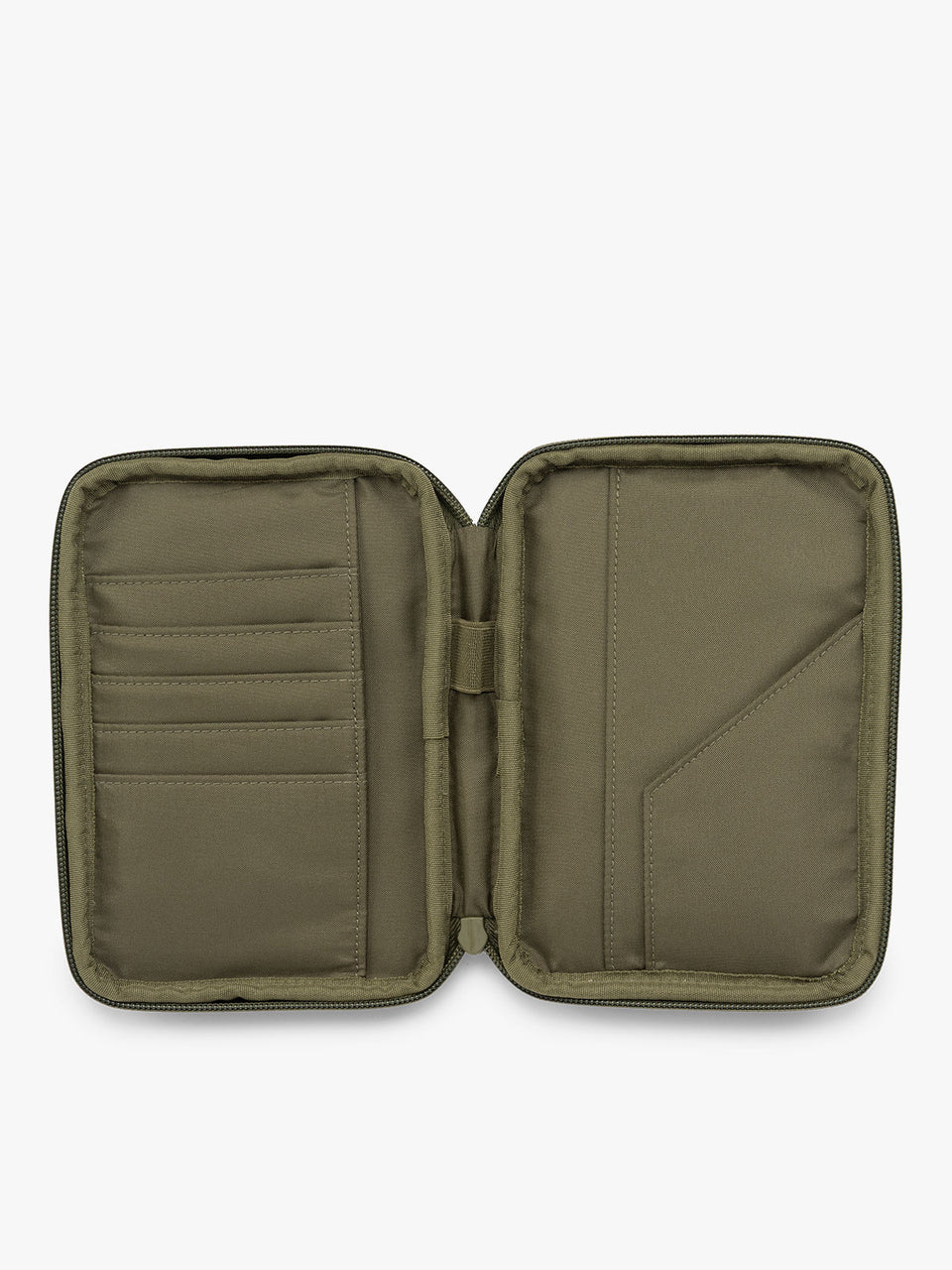 CALPAK Luka Zippered Passport Wallet in dark green Pine opened; PZW2301-PINE