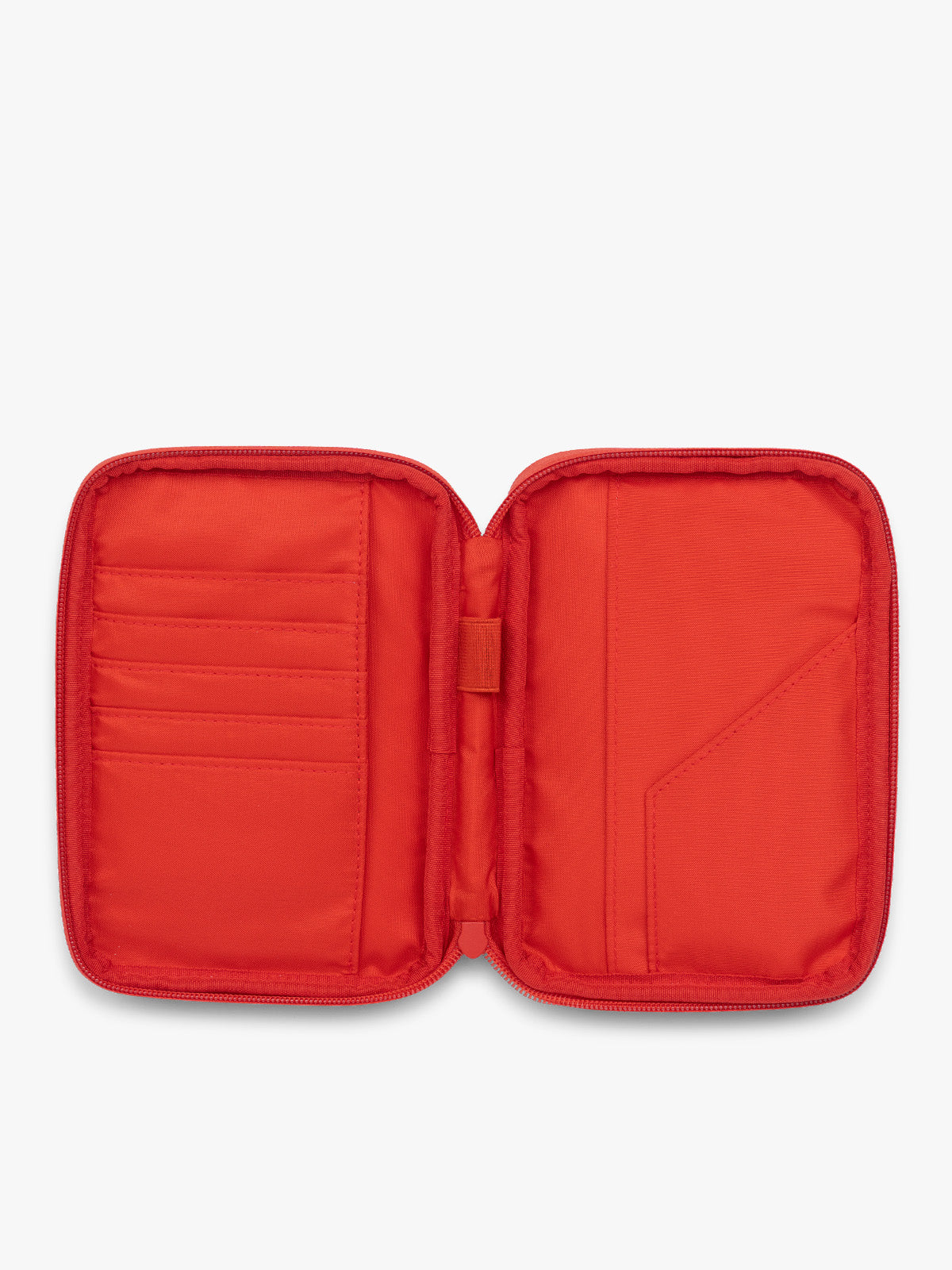 Opened CALPAK Luka Zip Passport Wallet in red Tomato; PZW2301-TOMATO