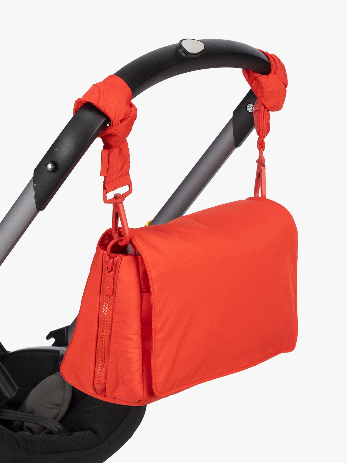 CALPAK Convertible Stroller Cady in red Tomato on a stroller; SCB2401-TOMATO