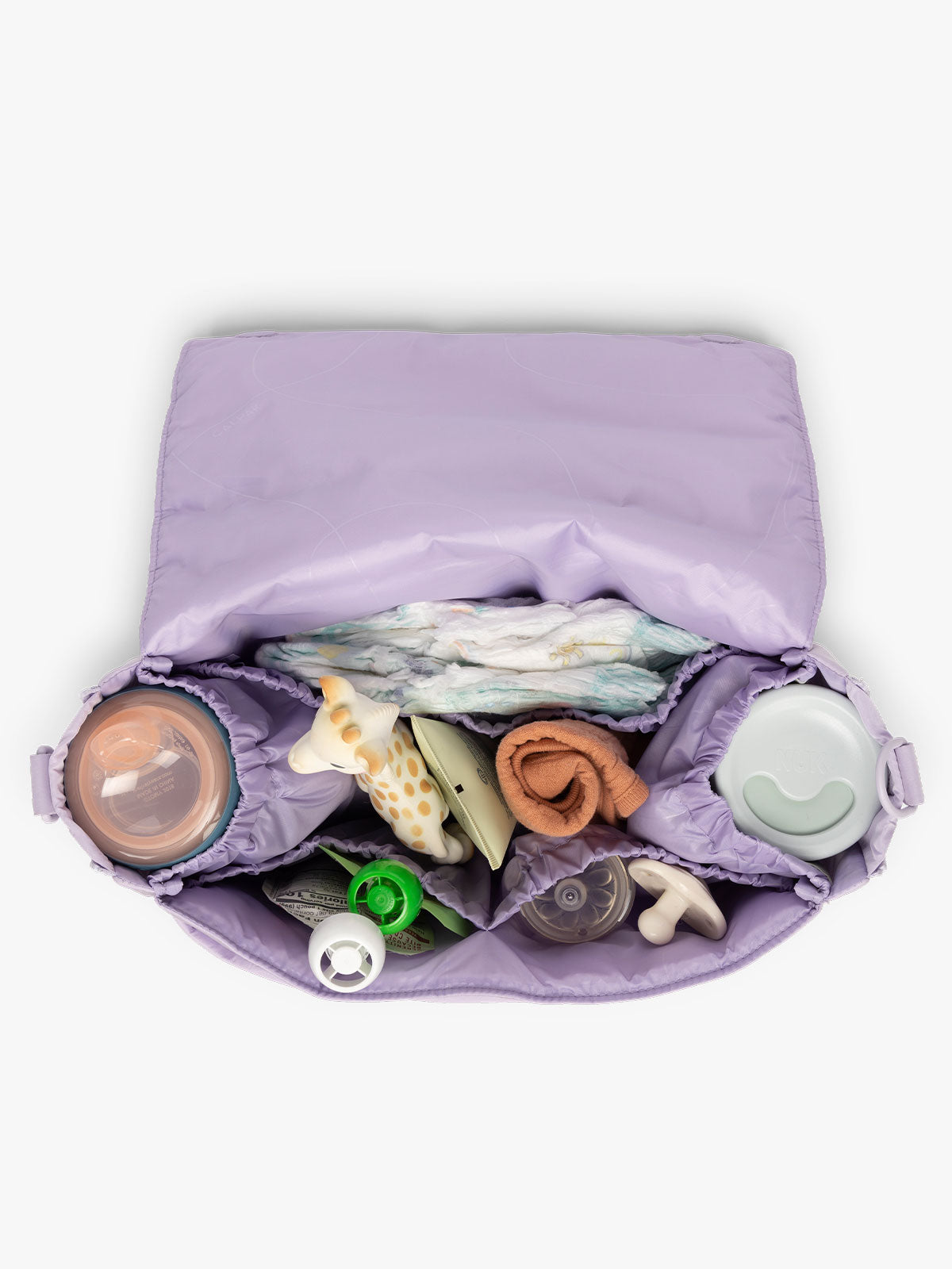 CALPAK Convertible Stroller Caddy Crossbody in lavender purple Orchid opened interior; SCB2401-ORCHID