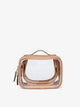 CALPAK clear makeup case with zippered compartments in caramel color; CCM2001-CARAMEL