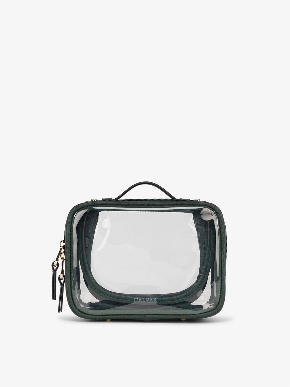 CALPAK small clear makeup bag with zippered compartments in green; CCM2001-EMERALD