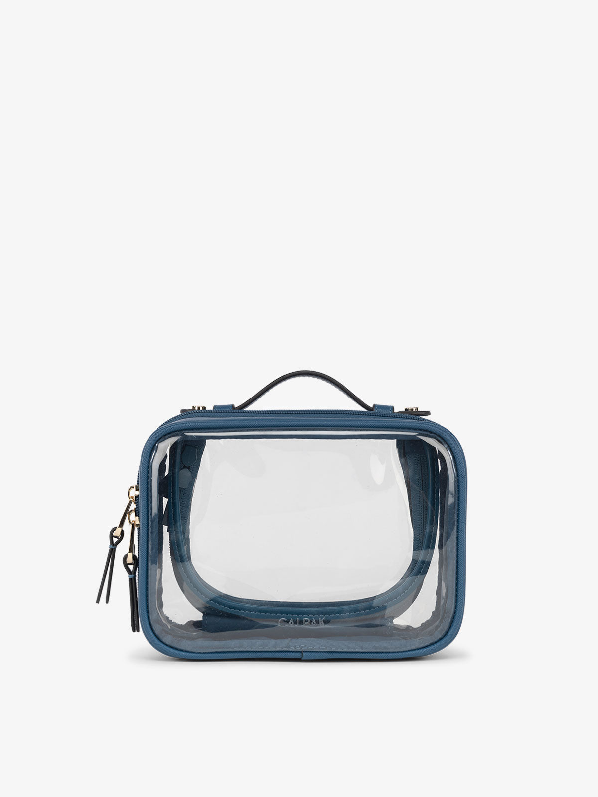 CALPAK small clear makeup bag with zippered compartments in dark blue; CCM2001-DEEP-SEA