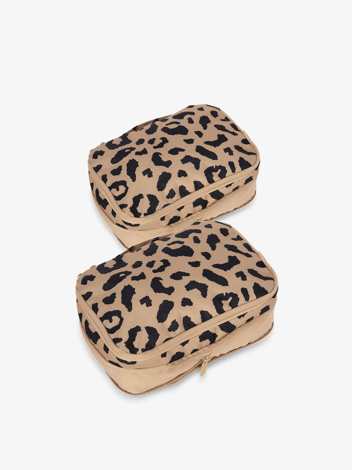 CALPAK small compression packing cubes with top handles and expandable by 4.5 inches in cheetah print; PCS2301-CHEETAH