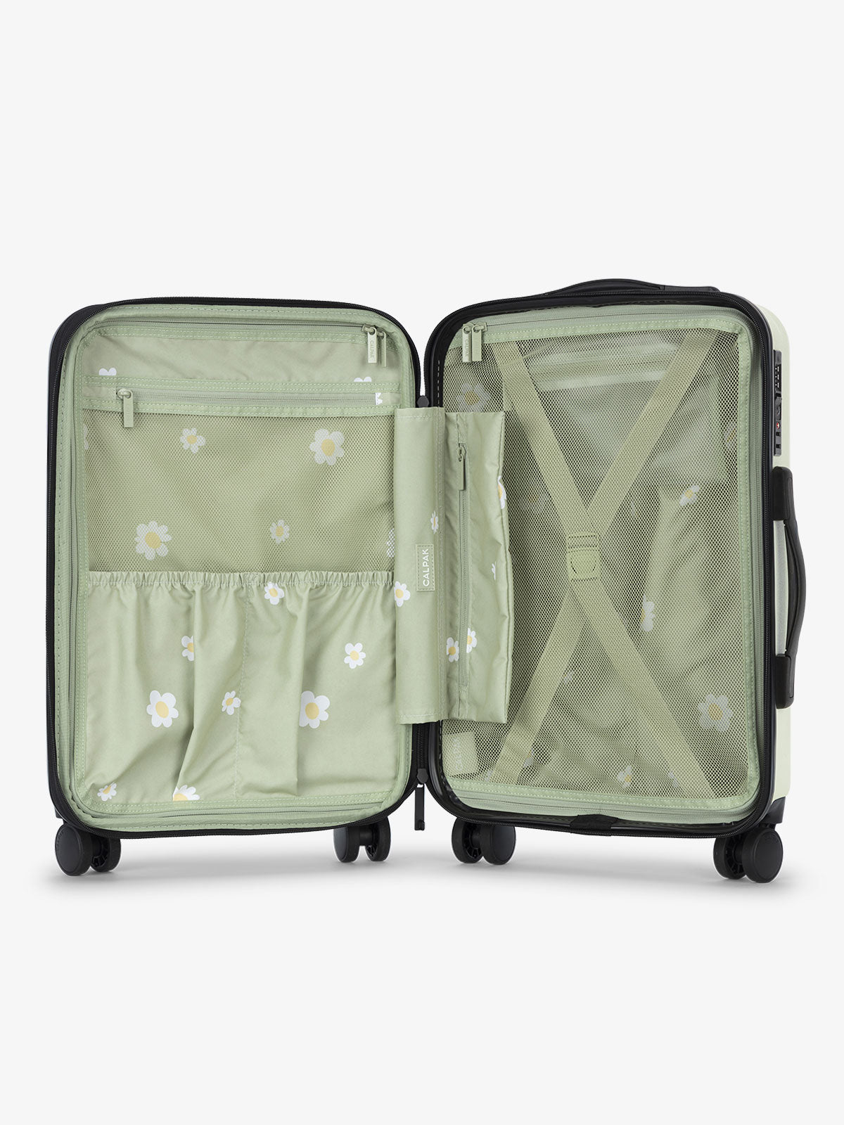 CALPAK Luggage bundle interior compartments in green daisy floral print; LCO8000-DAISY