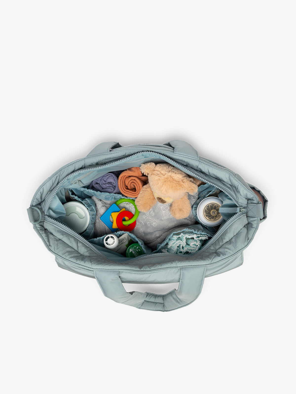 CALPAK Diaper Tote bag in light blue BLUEBELL with opened interior; TBB2401-BLUEBELL