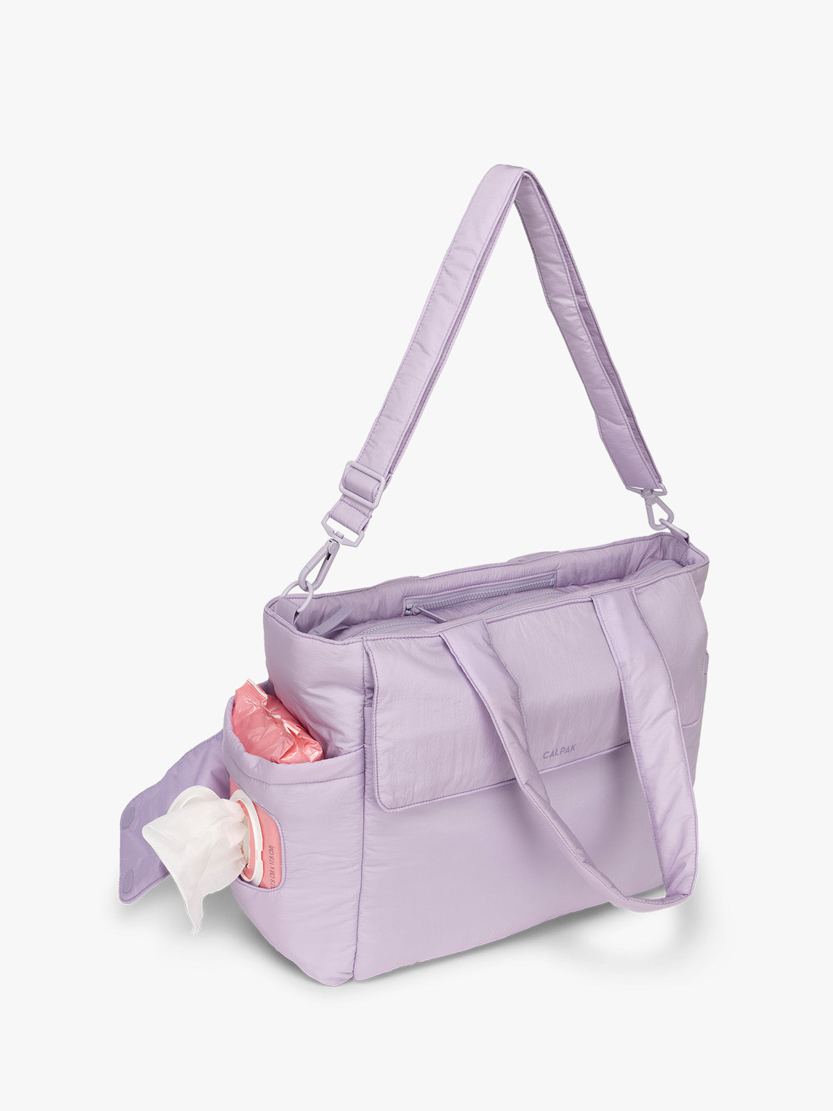 CALPAK Diaper Tote bag in lavender purple Orchid with side compartment sleeve; TBB2401-ORCHID