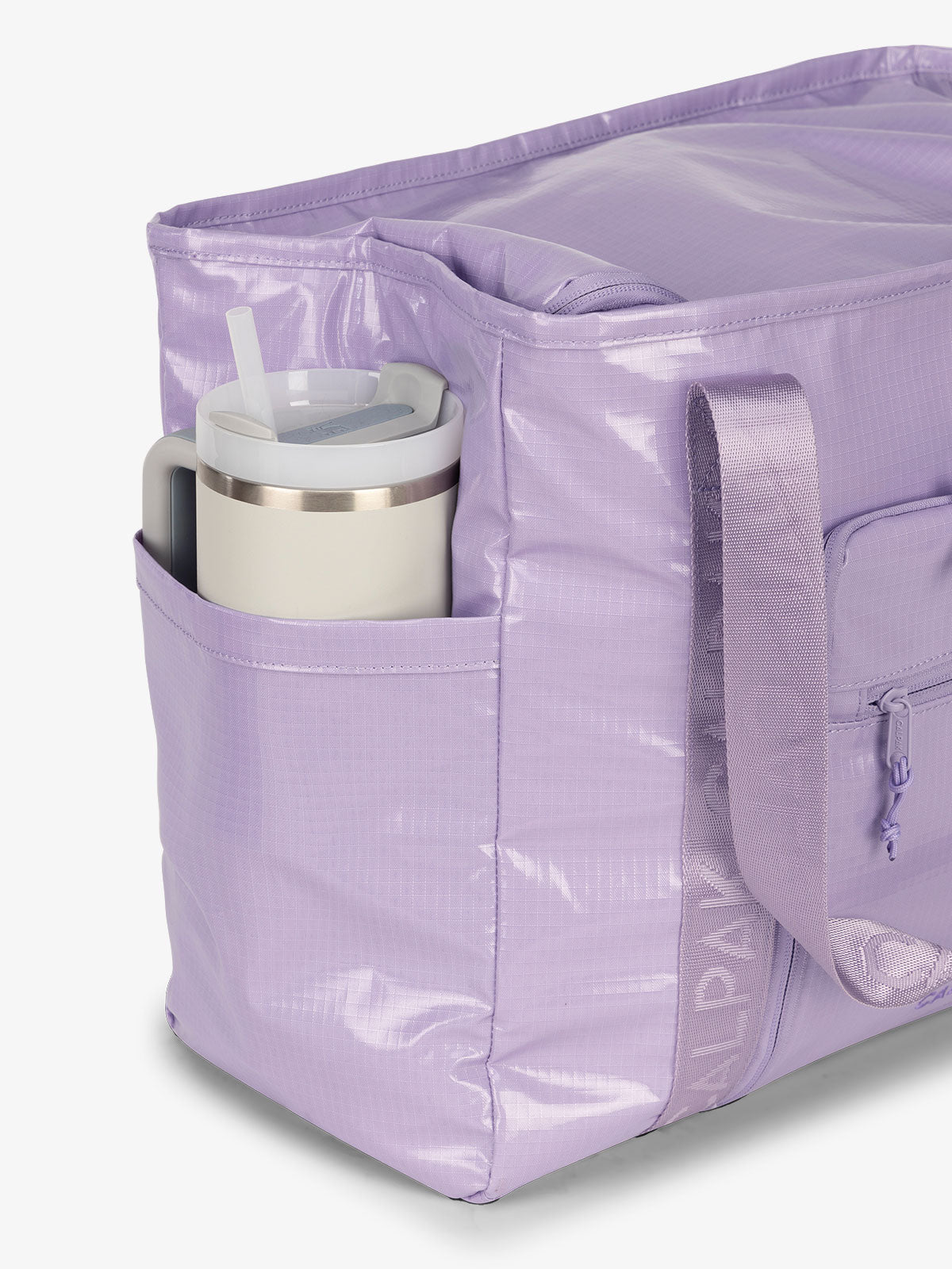 CALPAK Terra 35L Water Resistant Zippered Tote Bag with exterior side pocket that can fit large water bottle in amethyst purple;  TTO2401-AMETHYST