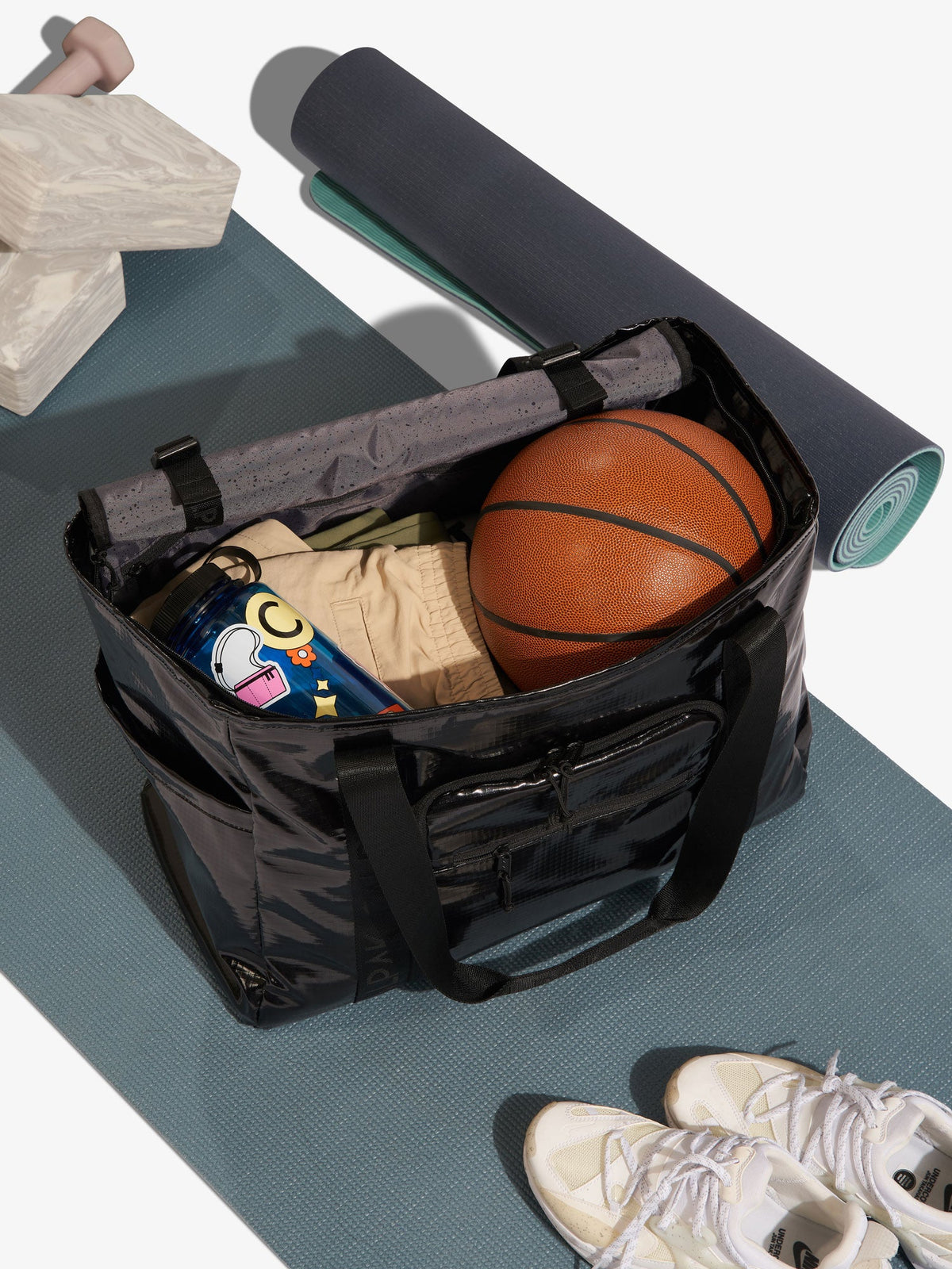 CALPAK Terra 35L Water Resistant Tote Bag for gym use in black obsidian; TTO2401-OBSIDIAN
