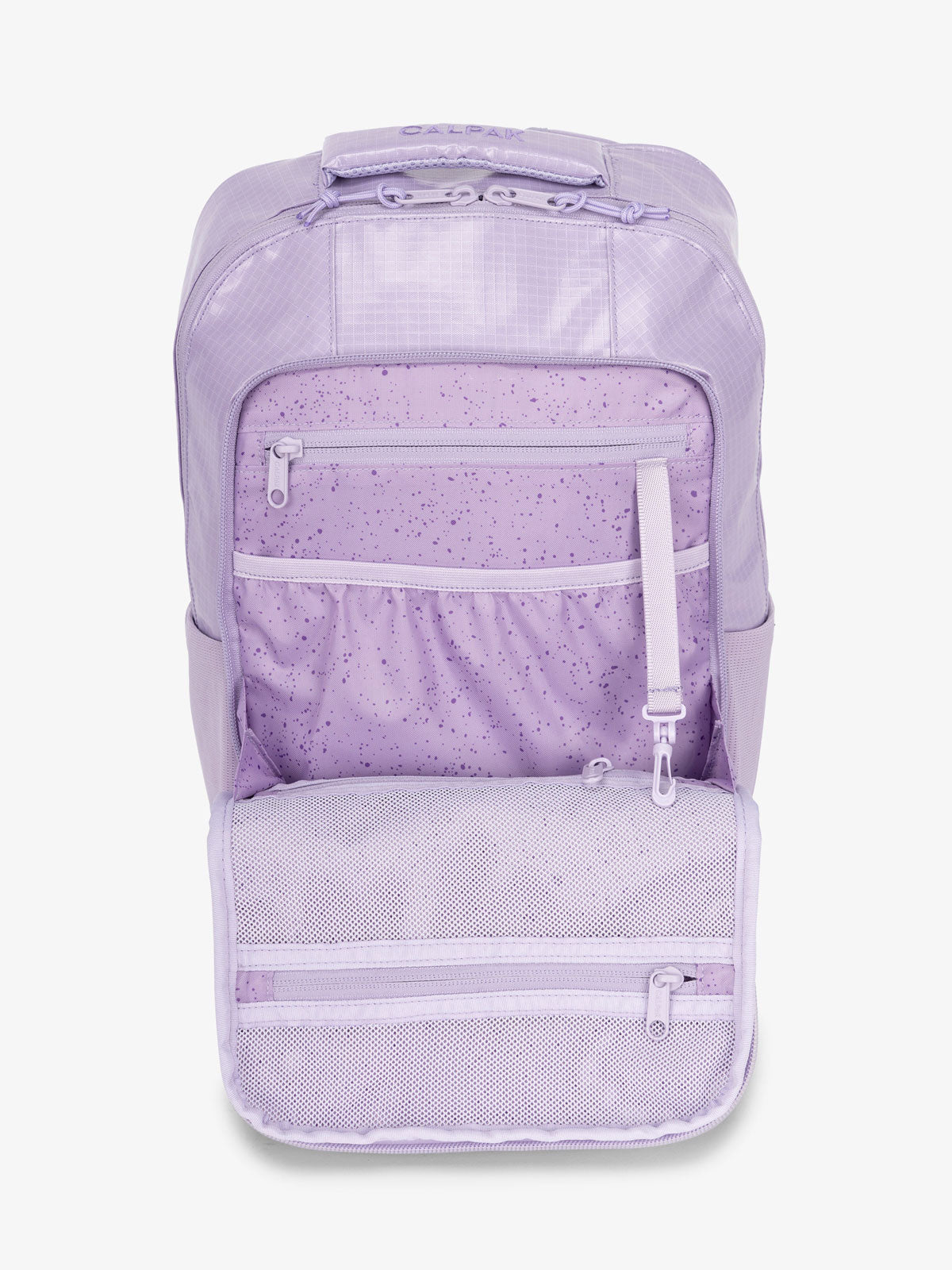 Front organizational panel of CALPAK Terra Hydration Backpack in purple amethyst; BPT2201-AMETHYST