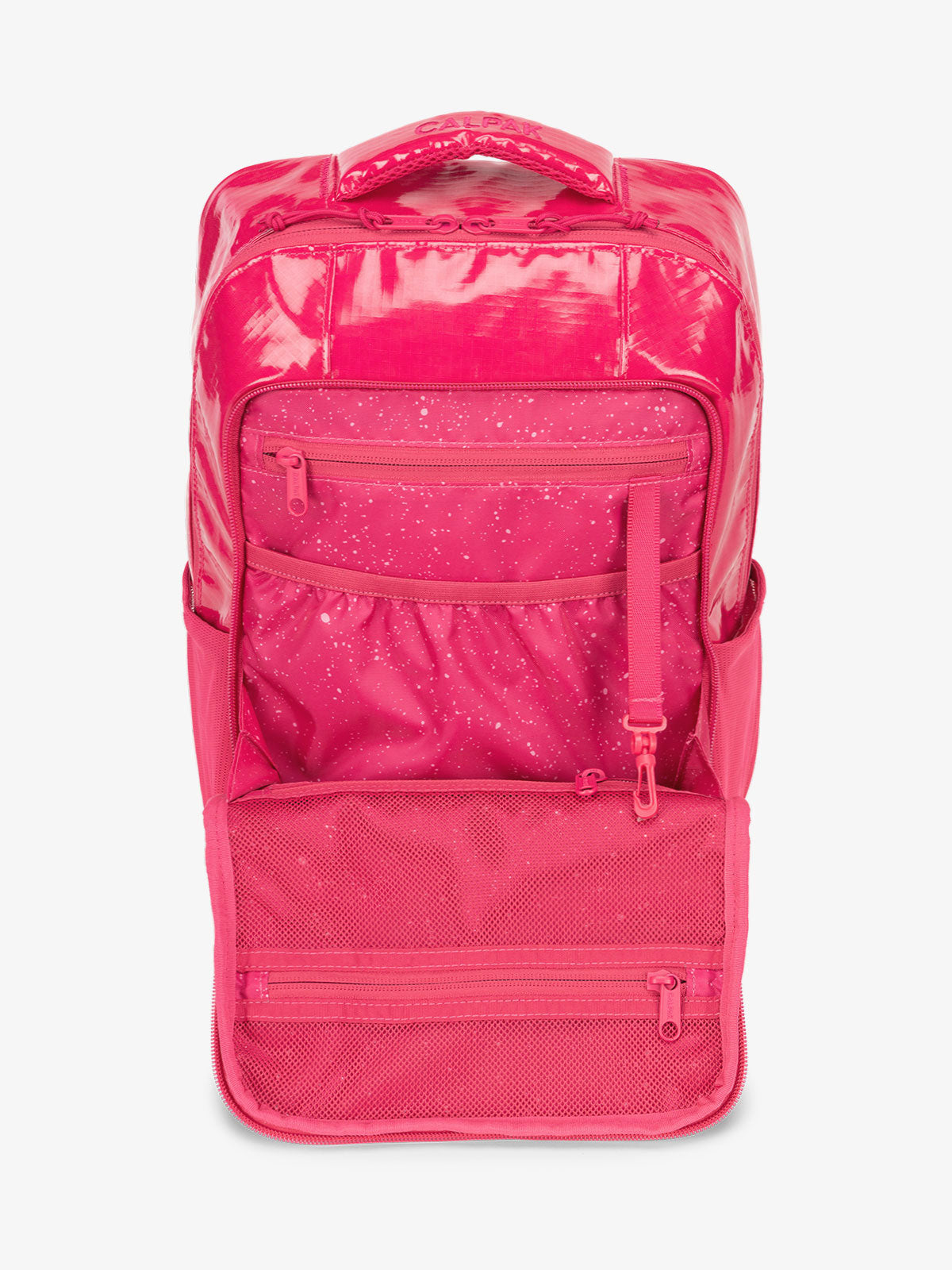 Front organizational panel of CALPAK Terra Hydration Backpack in pink; BPT2201-DRAGONFRUIT