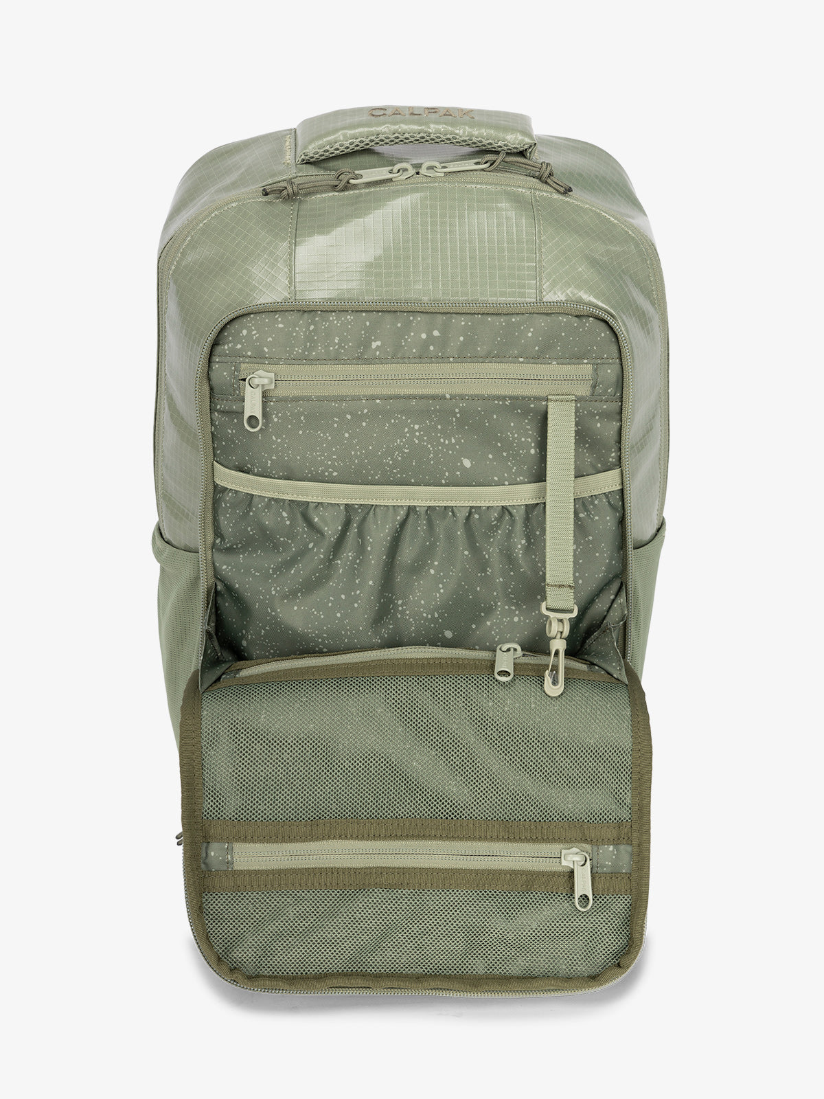 Front organizational panel of CALPAK Terra Hydration Backpack in juniper; BPT2201-JUNIPER
