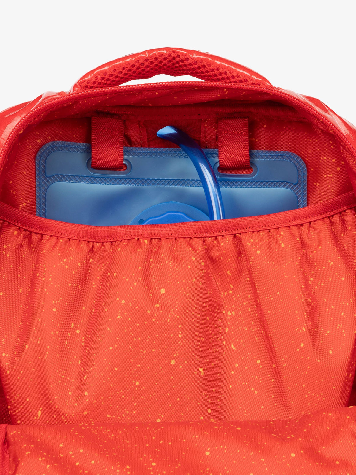 Close up of CALPAK 2L removable hydration reservoir back-slip pocket in flame; BPT2201-FLAME