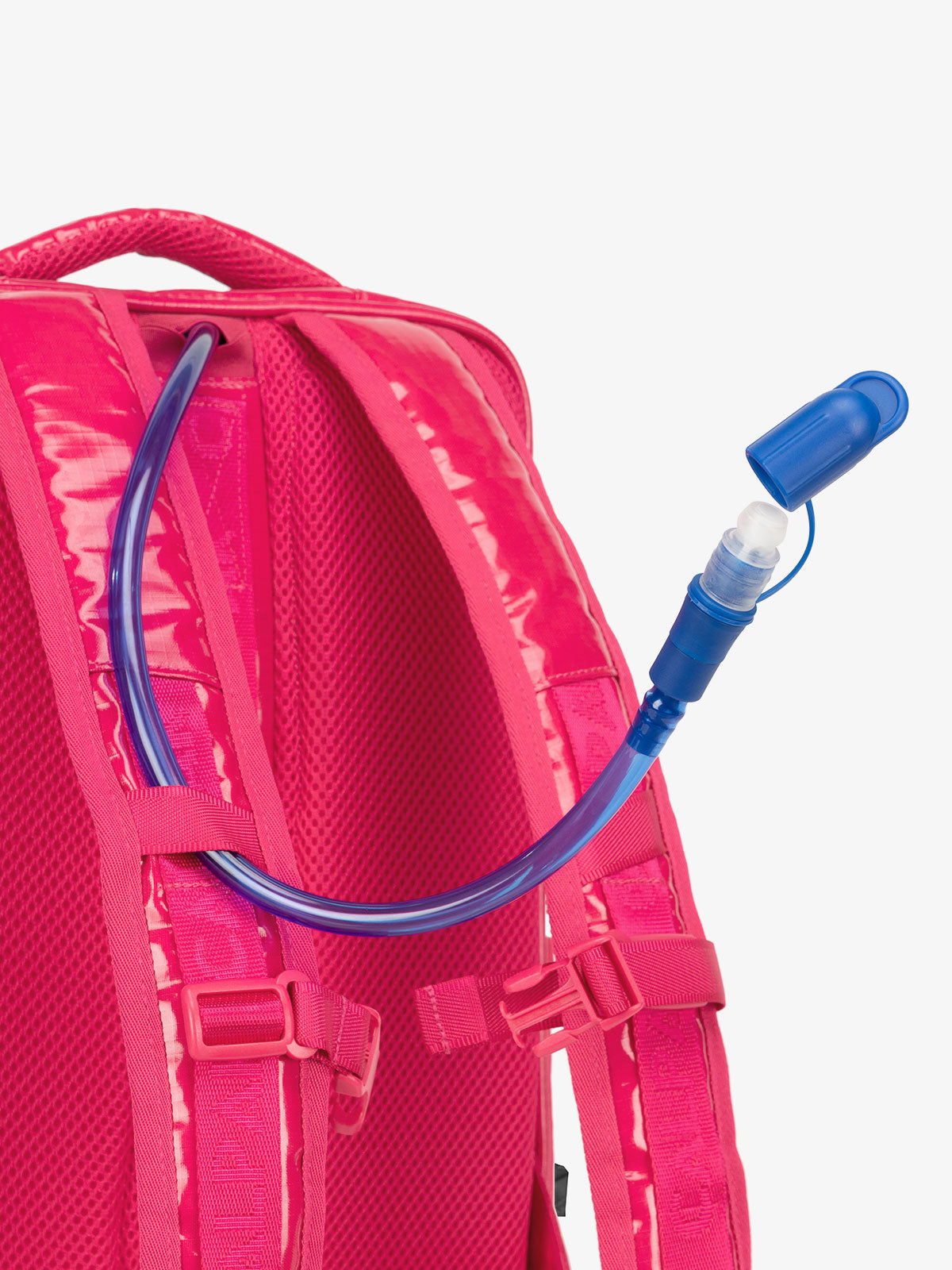 Close up of removable CALPAK hydration reservoir straw with valve cap in pink; BPT2201-DRAGONFRUIT