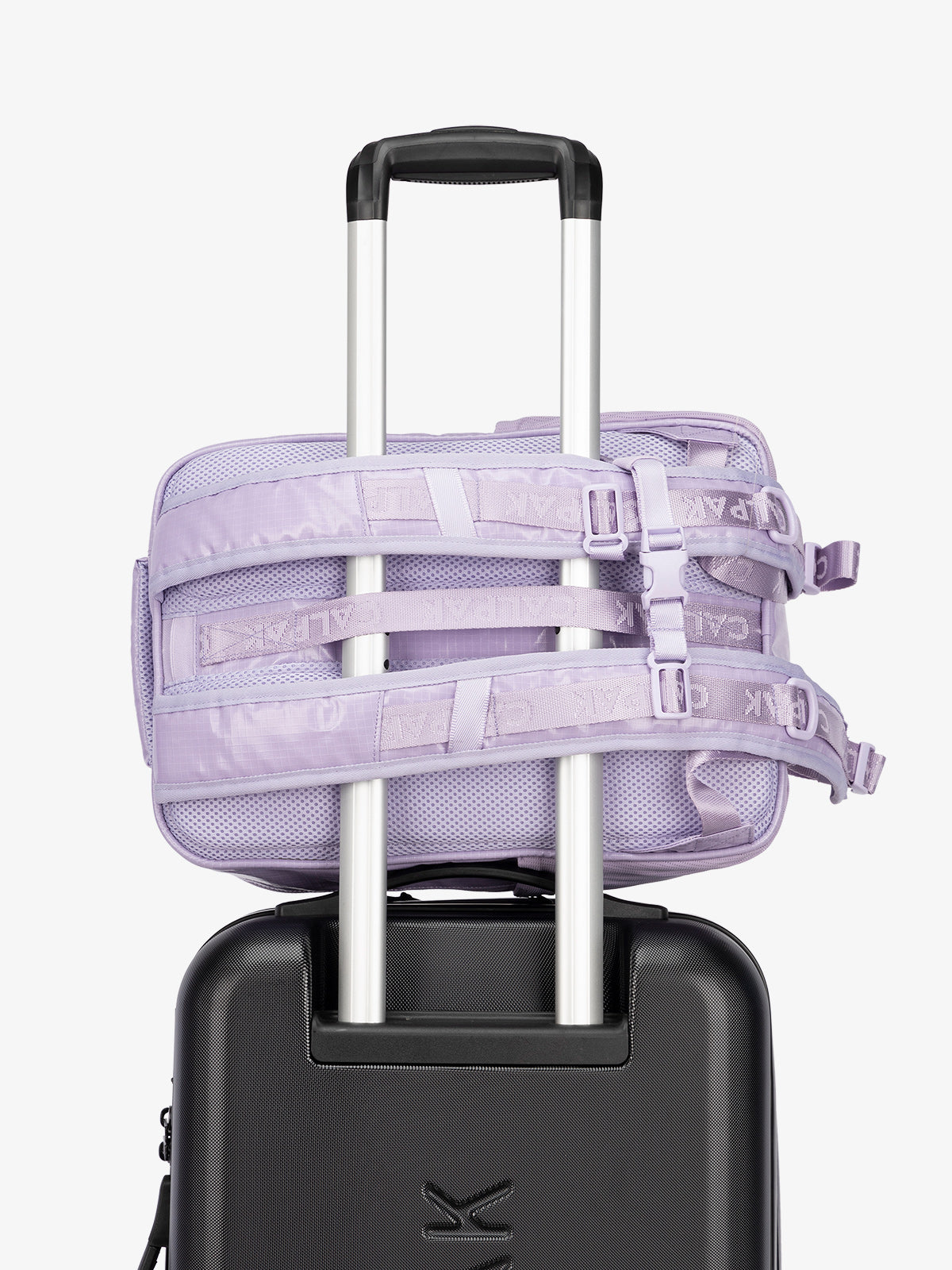 CALPAK hydration backpack with luggage trolley strap and and adjustable shoulder straps in light purple; BPT2201-AMETHYST