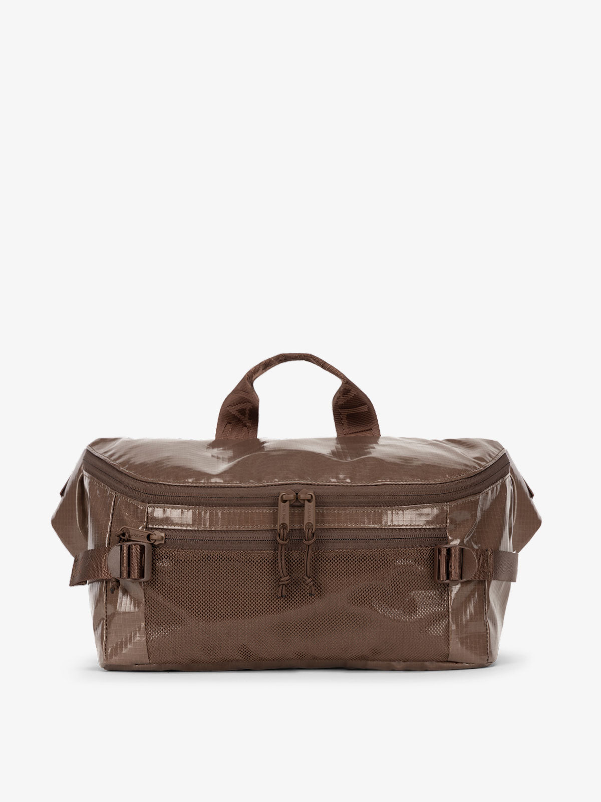 CALPAK Terra Sling Bag with mesh front pocket and top handle in brown cacao; CBH2201-CACAO