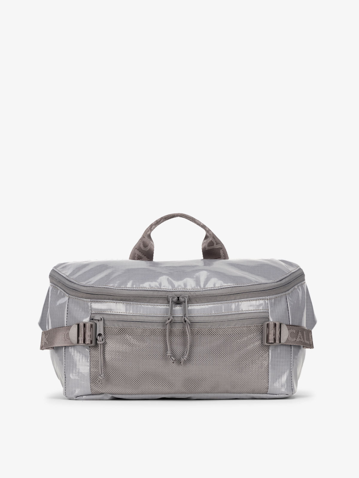 CALPAK Terra Sling Bag with mesh front pocket and top handle in gray storm; CBH2201-STORM