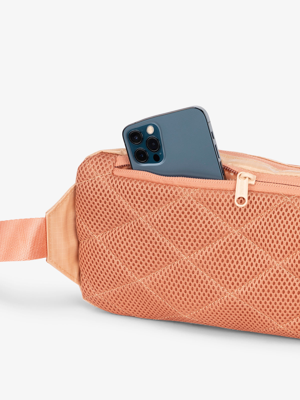 CALPAK Small belt bag with padded back and hidden zippered pocket in orange; BBT2301-CANYON