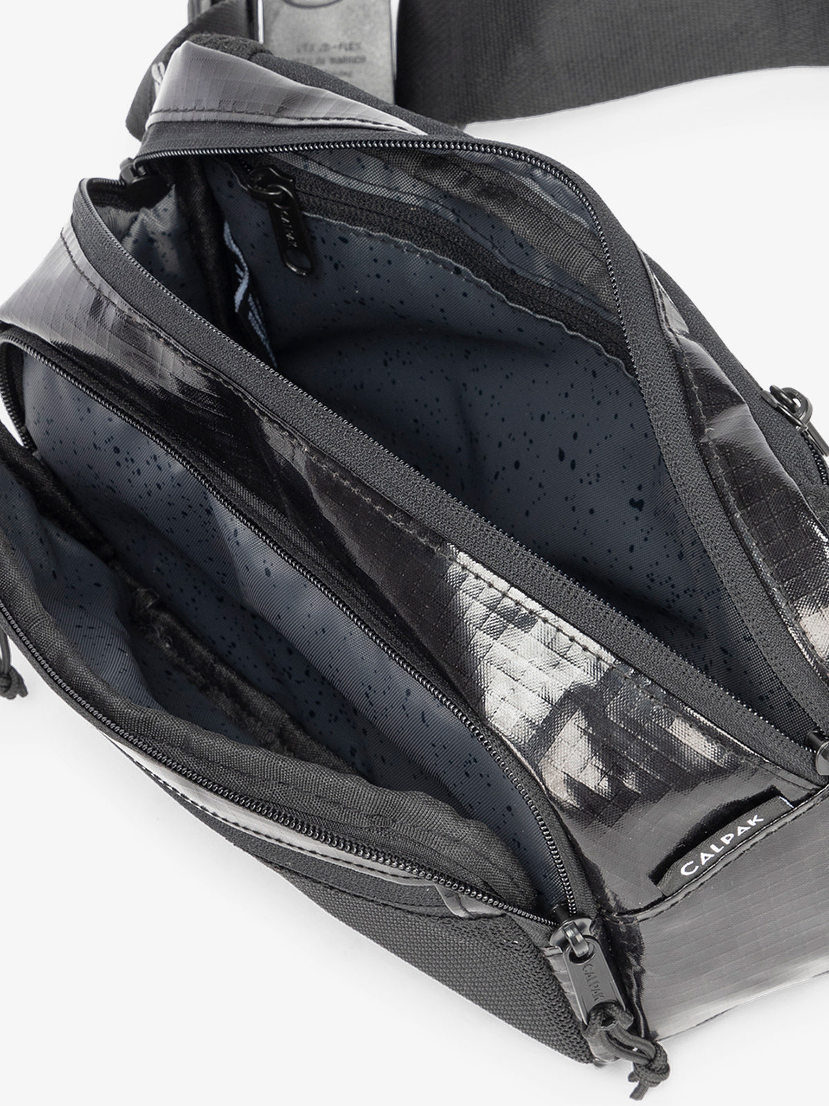 CALPAK Terra hiking belt bag with multiple interior pockets and water resistant exterior in obsidian black; BBT2301-OBSIDIAN
