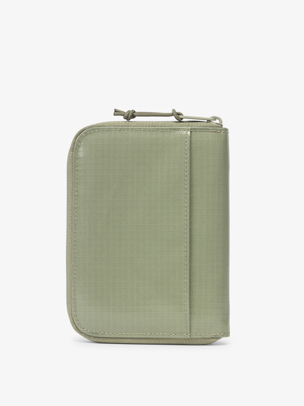 CALPAK Terra Zippered Passport Wallet back view in green; ATPW2501-JUNIPER
