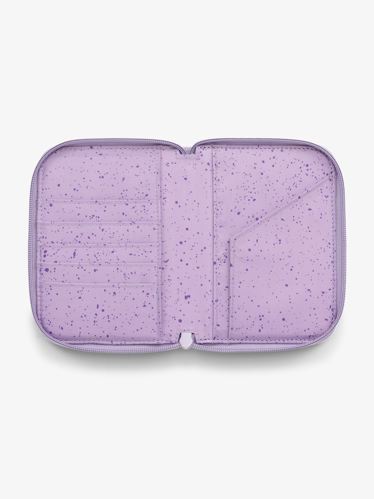 CALPAK Terra Zippered Passport Wallet Amethyst light purple interior features with card slot and passport slip; ATPW2501-AMETHYST