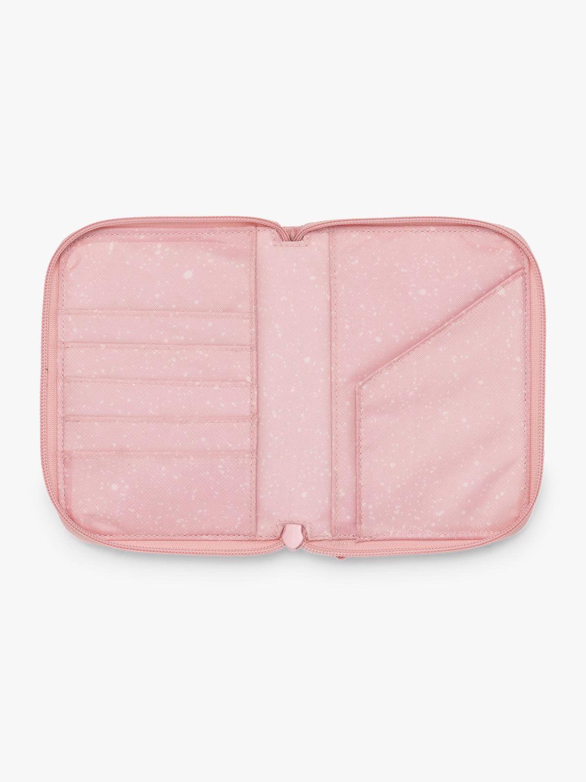 CALPAK Terra Zippered Passport Wallet pink Blossom interior features with card slot and passport slip; ATPW2501-BLOSSOM