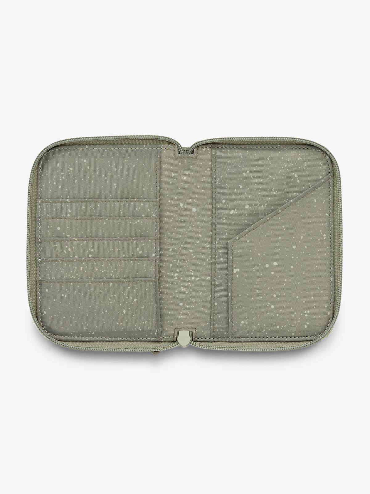CALPAK Terra Zippered Passport Wallet interior features with card slot and passport slip in juniper; ATPW2501-JUNIPER