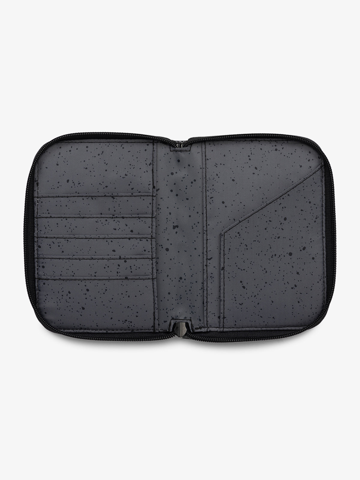 CALPAK Terra Zippered Passport Wallet Obsidian black interior features with card slot and passport slip; ATPW2501-OBSIDIAN