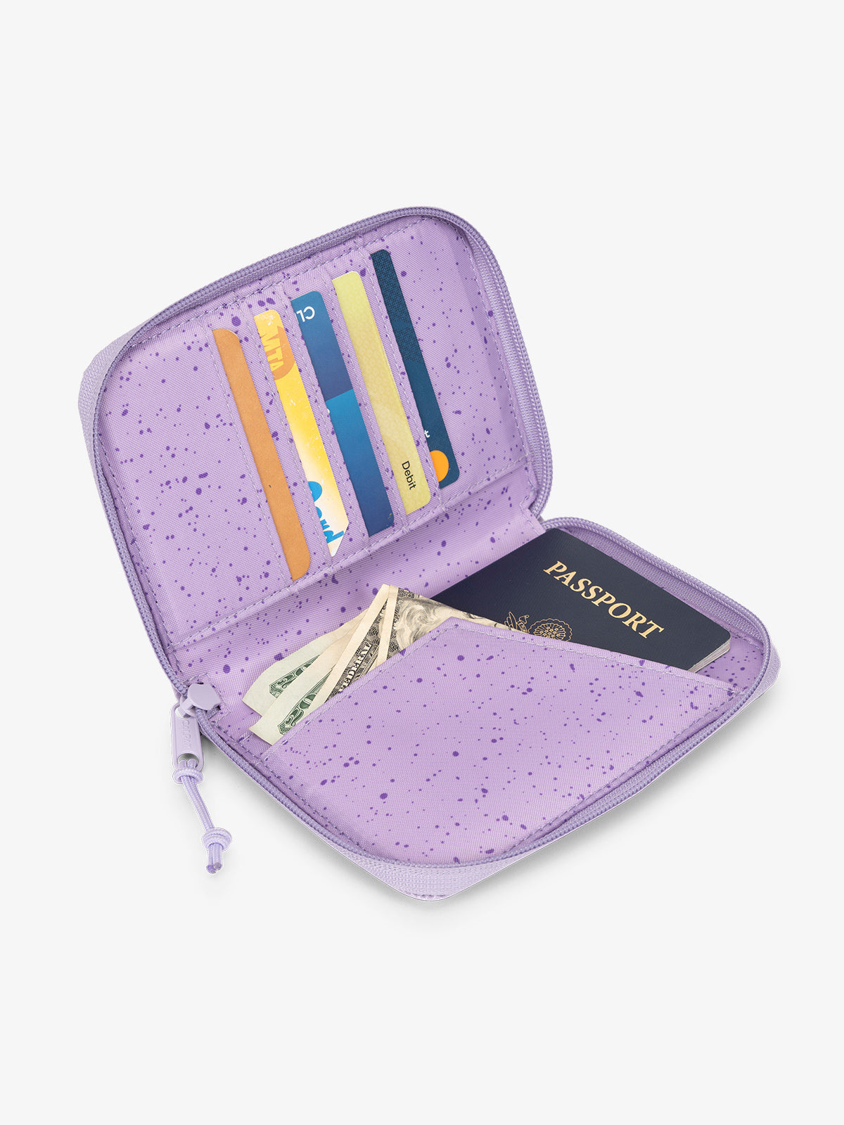 CALPAK Terra Zippered Passport Wallet Amethyst light purple open view with cards in card slots and passport in passport slip; ATPW2501-AMETHYST