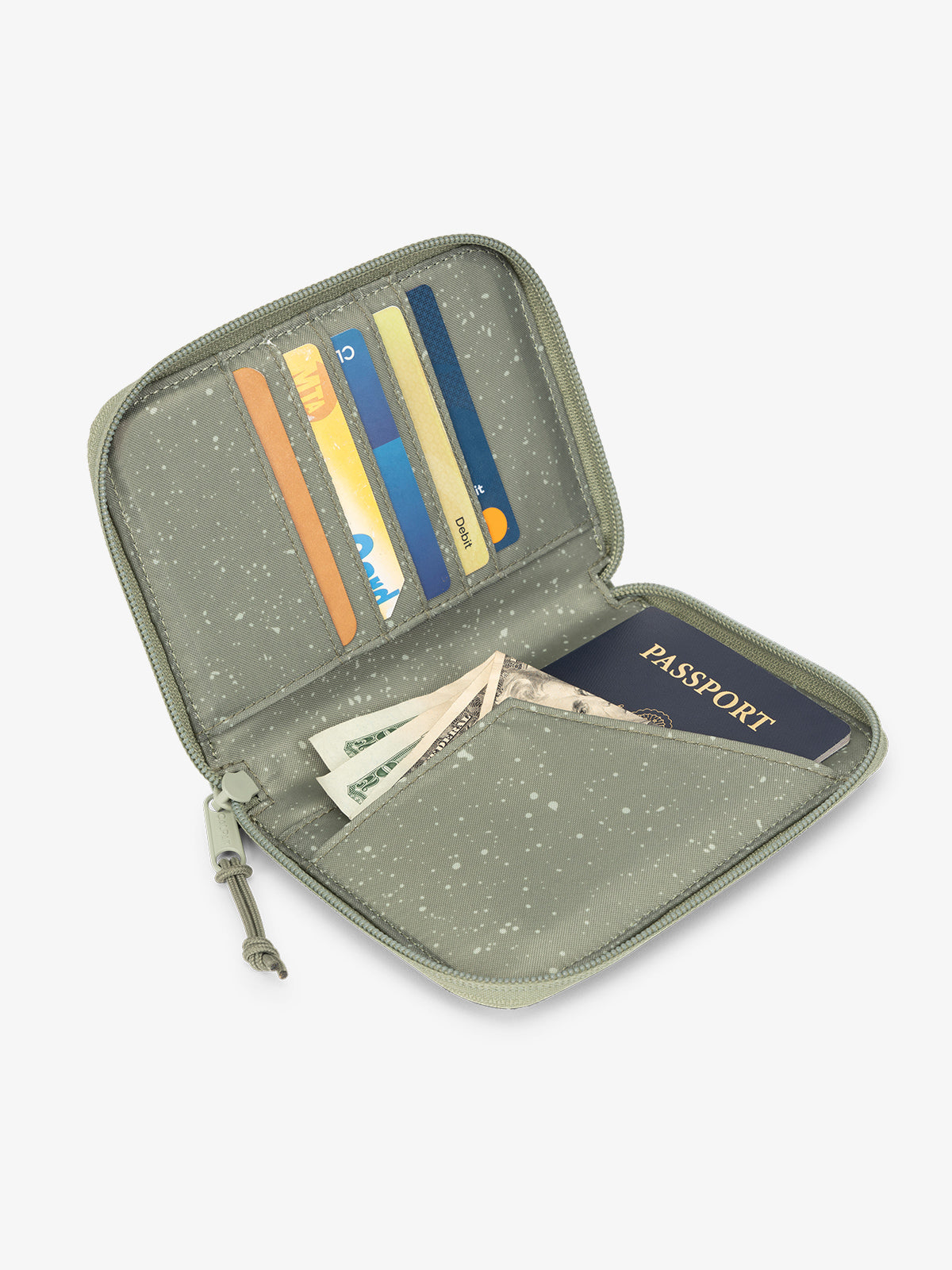 Green juniper CALPAK Terra Zippered Passport Wallet open view with cards in card slots and passport in passport slip; ATPW2501-JUNIPER