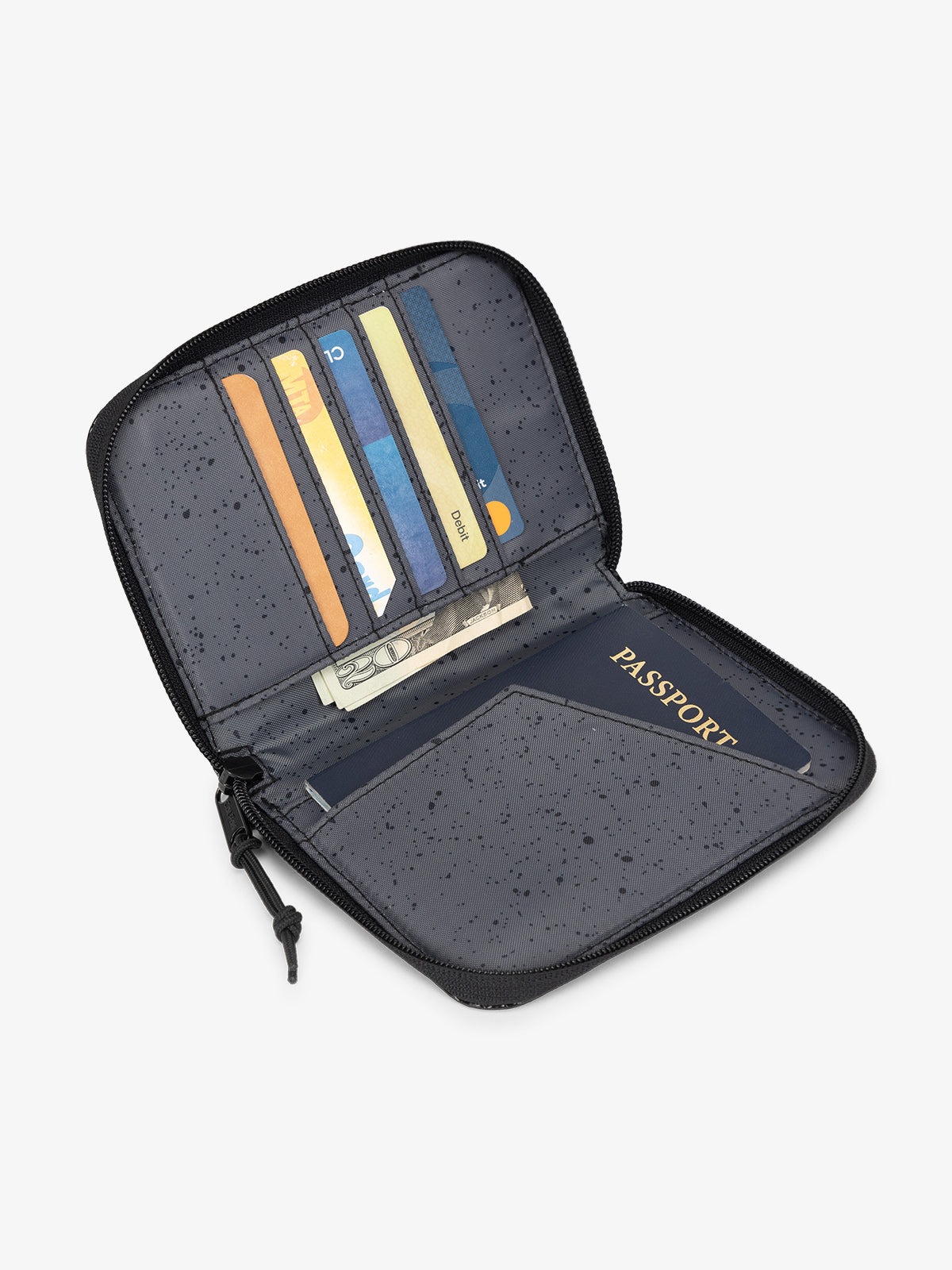CALPAK Terra Zippered Passport Wallet Obsidian black open view with cards in card slots and passport in passport slip; ATPW2501-OBSIDIAN