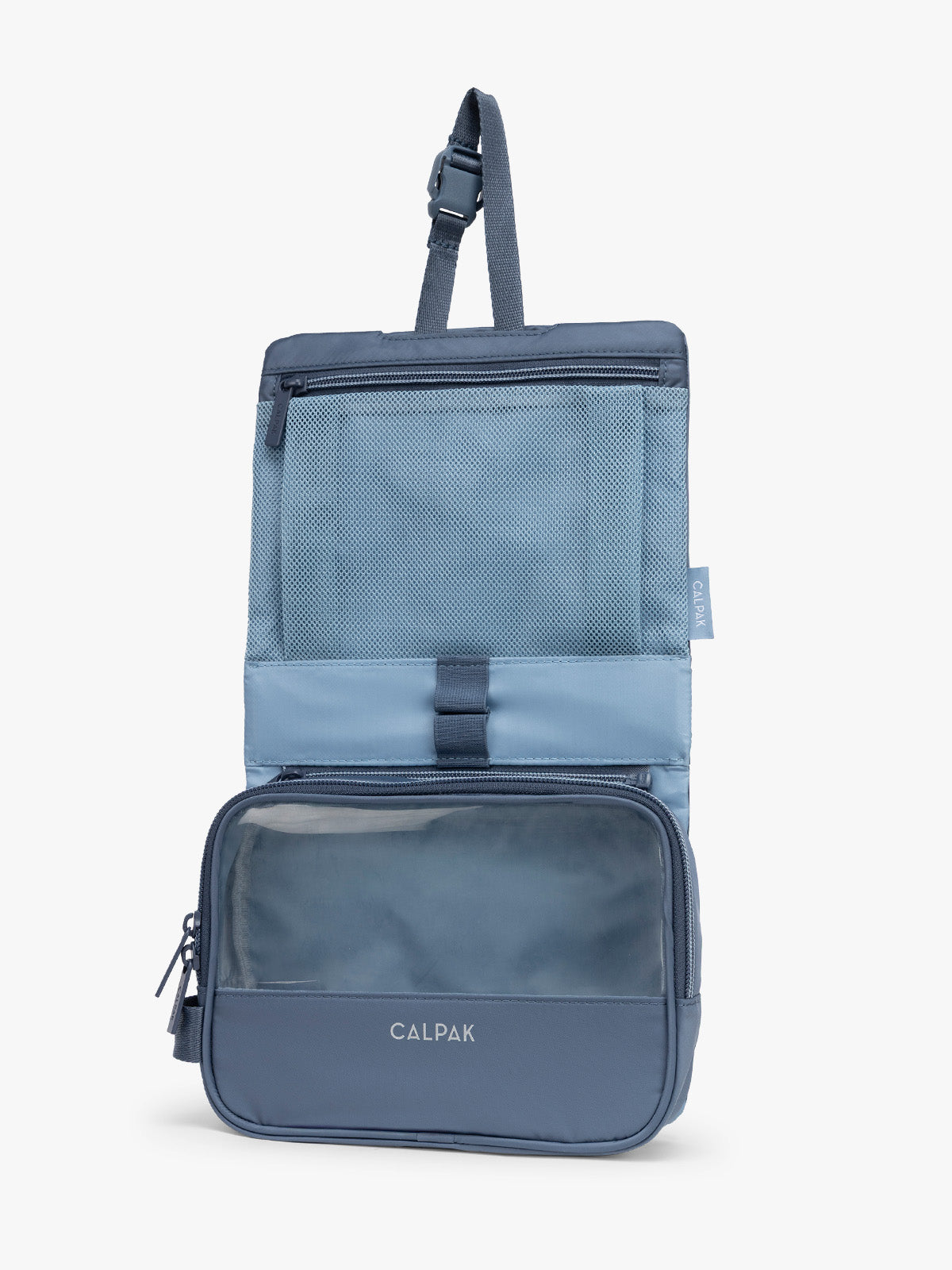 Opened CALPAK Fit Hanging Dopp Kit in blue Indigo ; TFH2401-INDIGO