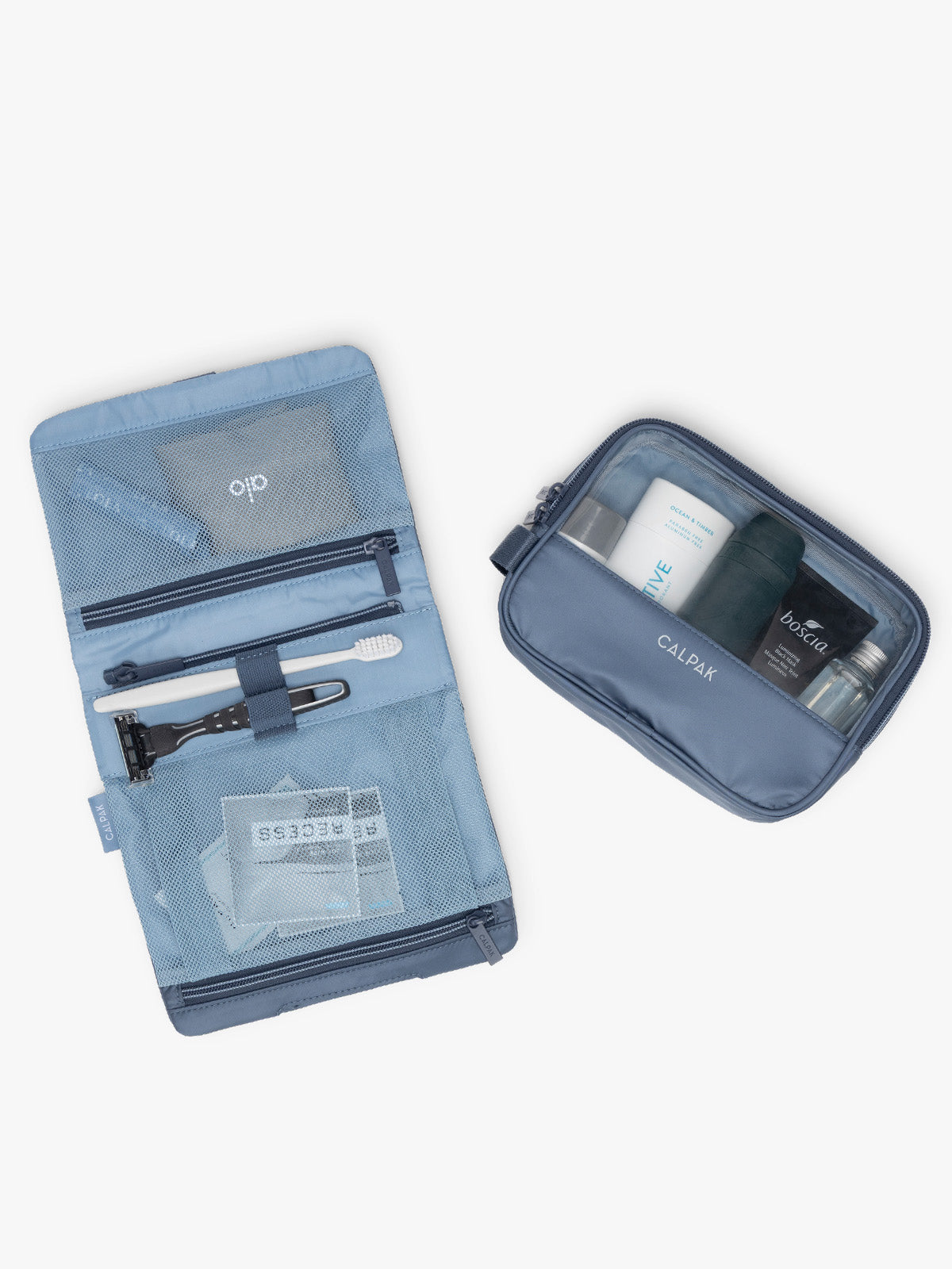 Opened and detached CALPAK Fit Hanging Dopp Kit in blue Indigo ; TFH2401-INDIGO